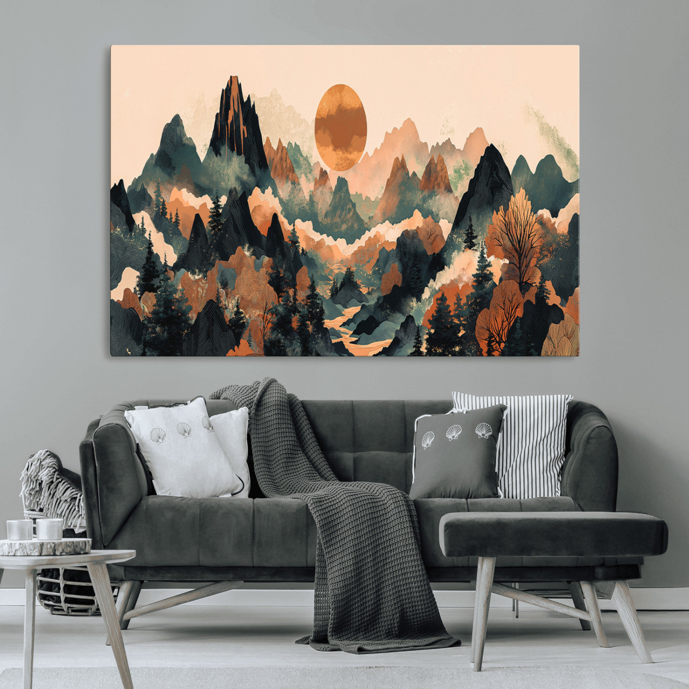 13012770-MGV-CV-36X24-Mountain Landscape Wall Art – Modern Nature Canvas Print with Sun, Misty Peaks, and Forest in Orange and Green Tones for Living