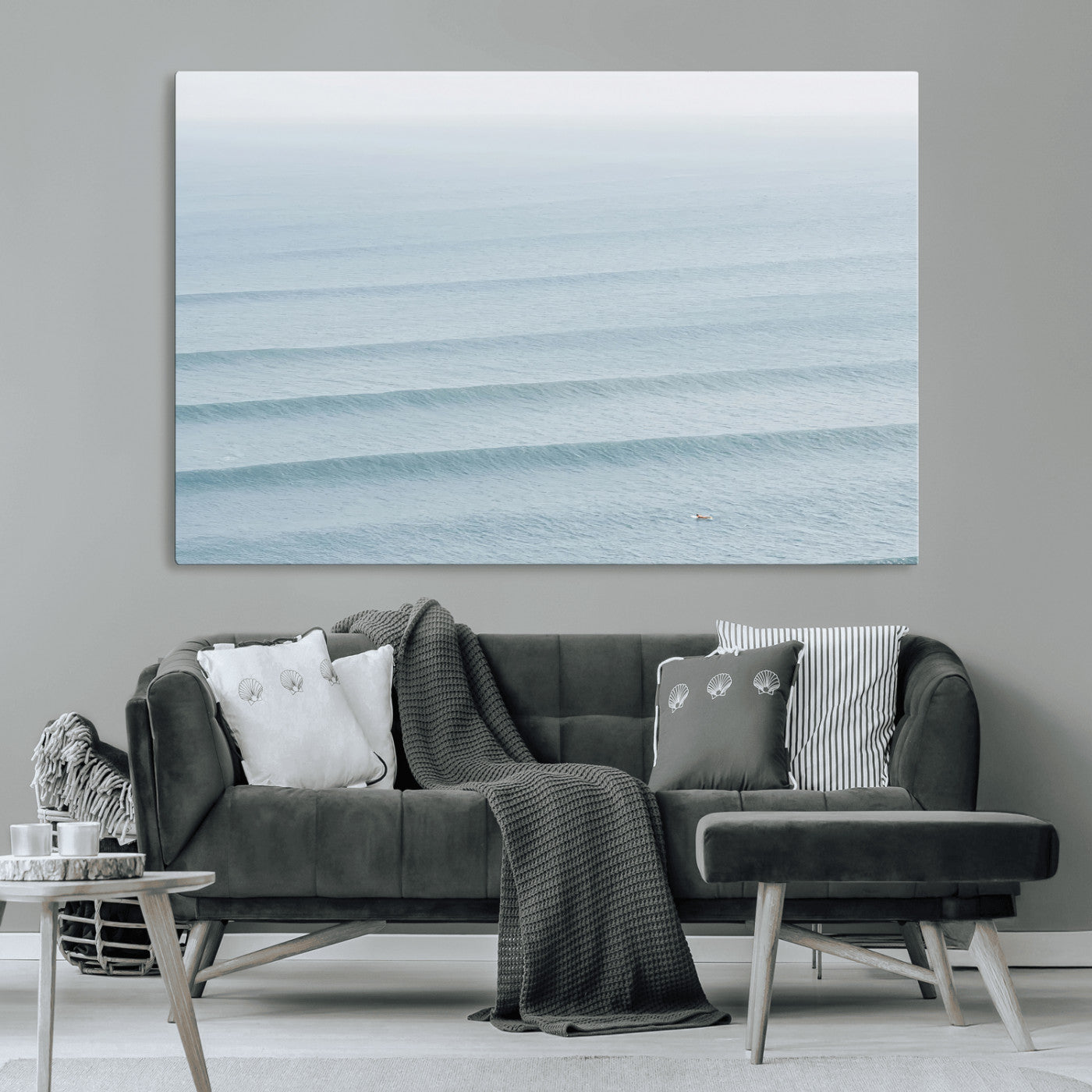 47814787-MGV-CV-36X24-Ocean Waves Wall Art Canvas Print, Framed Solo Surfer Art Picture Print, Wave Lines Perfect Minimalist Ocean Decor Artwork