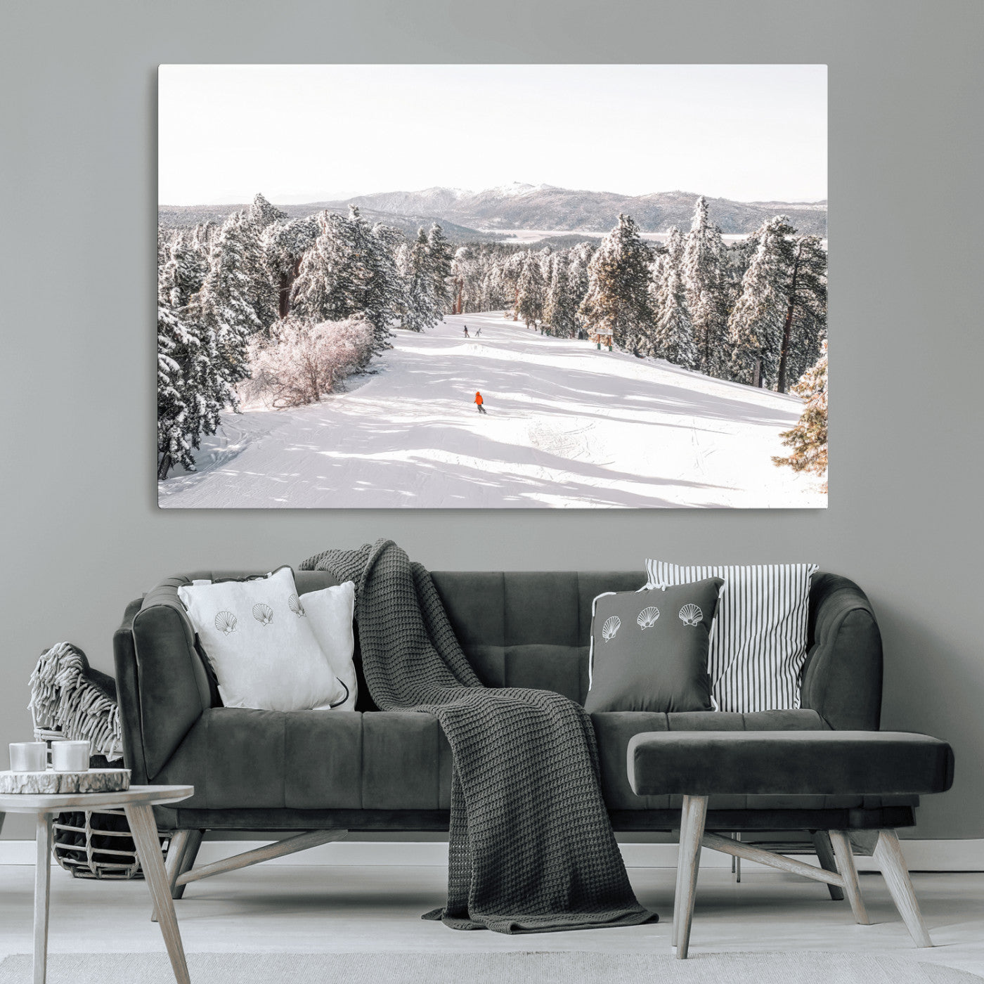 62119206-MGV-CV-36X24-Snowy Trail Wall Art Canvas Print, Framed Ski Slope Art Picture Print, Winter Pines Perfect Alpine Adventure Decor Artwork