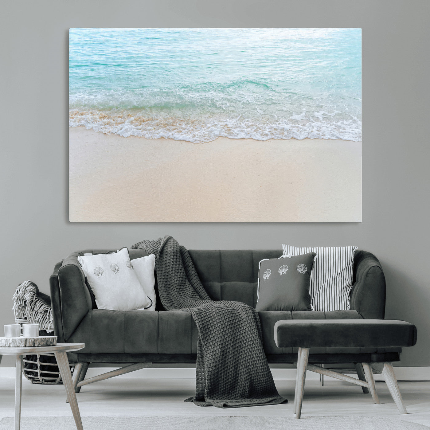 77194056-MGV-CV-36X24-Soft Shoreline Wall Art Canvas Print, Framed Gentle Waves Art Picture Print, Clear Water Perfect Minimalist Coastal Decor Artwork