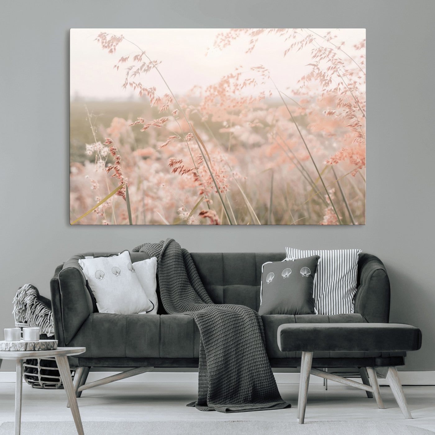79164340-MGV-CV-36X24-Pastel Grasses Wall Art Canvas Print, Framed Soft Meadow Art Picture Print, Field in Breeze Perfect Pastel Minimal Decor Artwork