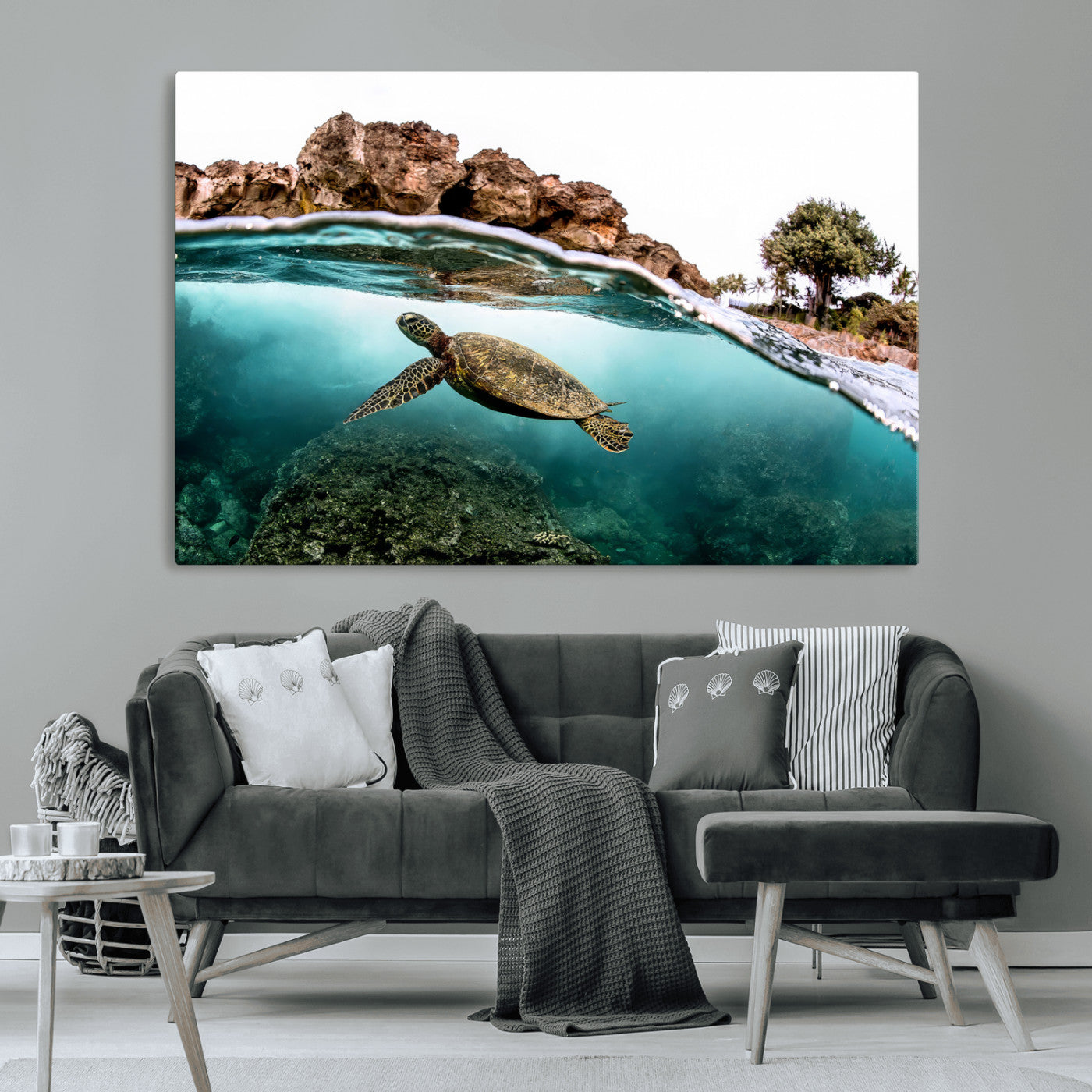 44200301-MGV-CV-36X24-Sea Turtle Swim Wall Art Canvas Print, Framed Ocean Life Art Picture Print, Tropical Shoreline Perfect Tropical Coastal Decor