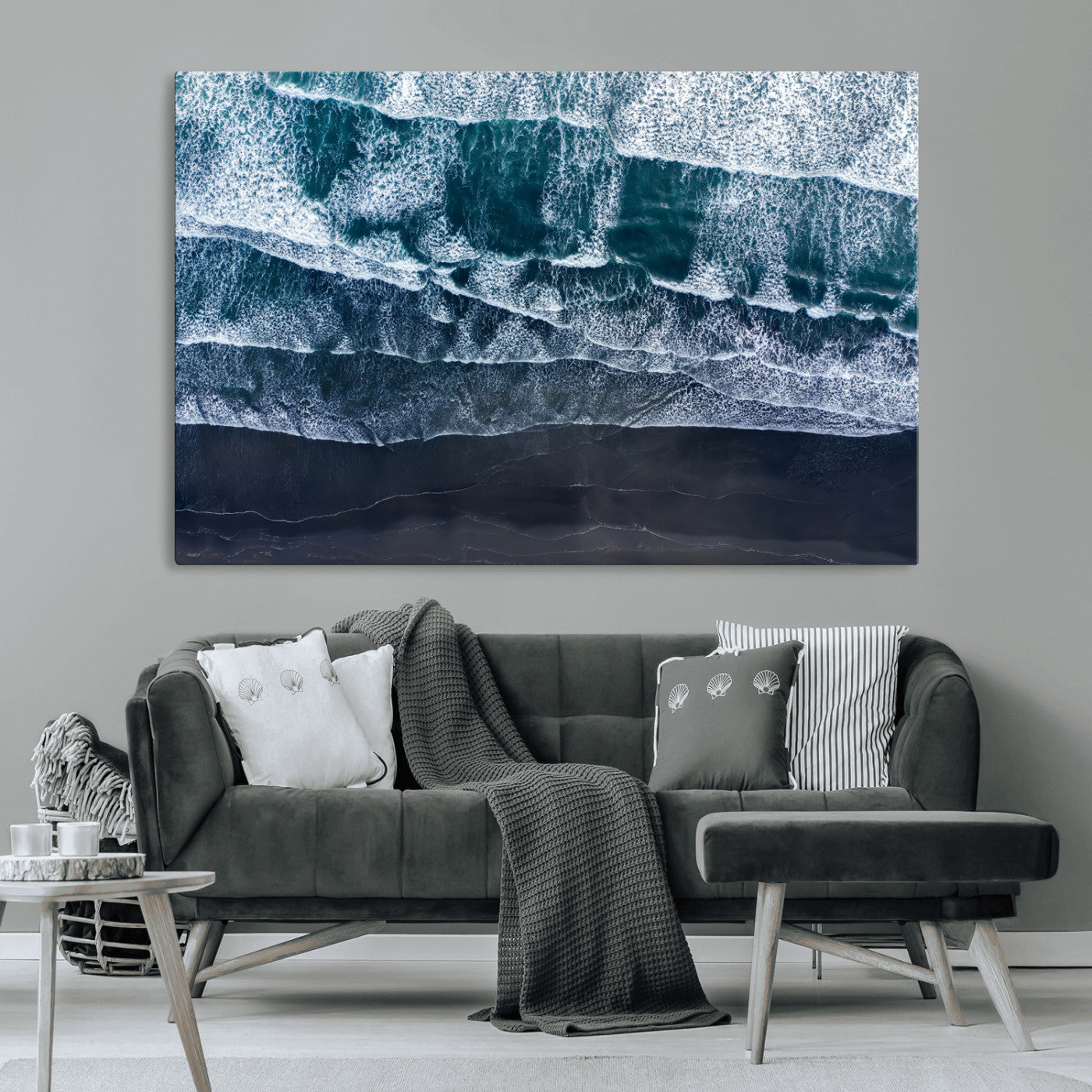 87941475-MGV-CV-36X24-Black Beach Wall Art Canvas Print, Framed Aerial Ocean Art Picture Print, Moody Coastal Perfect Modern Coastal Decor Artwork