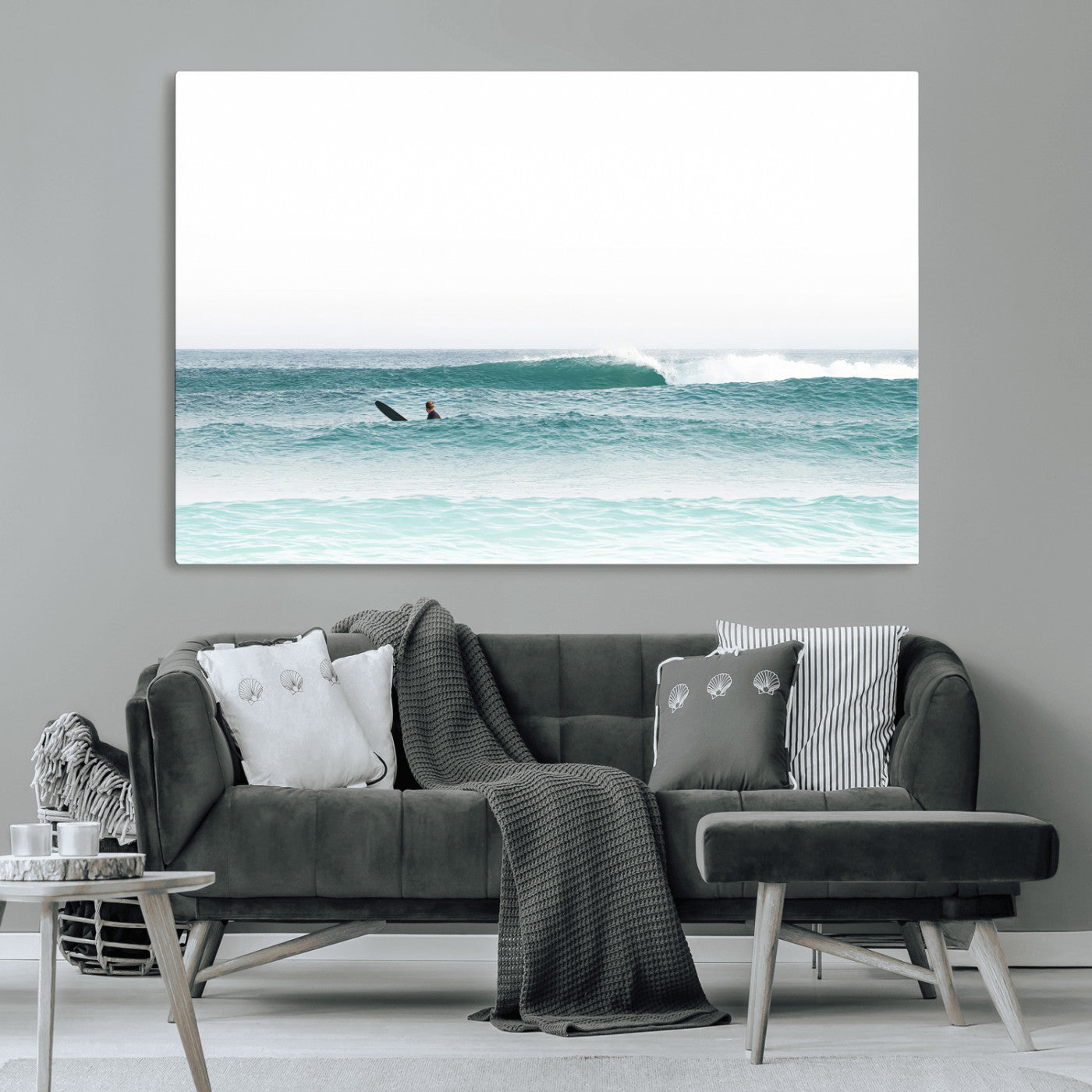 56345117-MGV-CV-36X24-Minimalist Surfing Wall Art Canvas Print, Framed Ocean Waves Art Picture Print, Soft Ocean Perfect Minimalist Coastal Decor