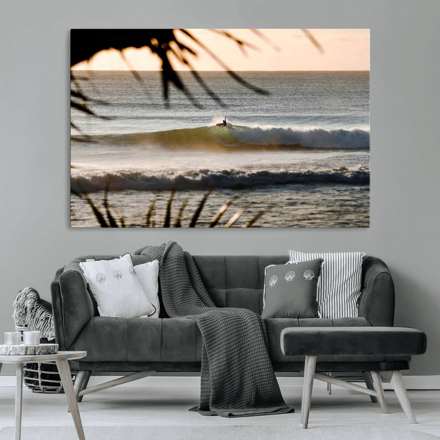 24896468-MGV-CV-36X24-Sunset Surf Wall Art Canvas Print, Framed Golden Waves Art Picture Print, Tropical Ocean Perfect Tropical Boho Decor Artwork