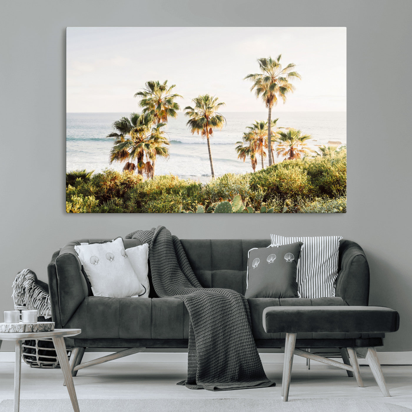 94707294-MGV-CV-36X24-California Coast Wall Art Canvas Print, Framed Palm Trees Art Picture Print, Coastal Landscape Perfect Coastal Minimalist Decor