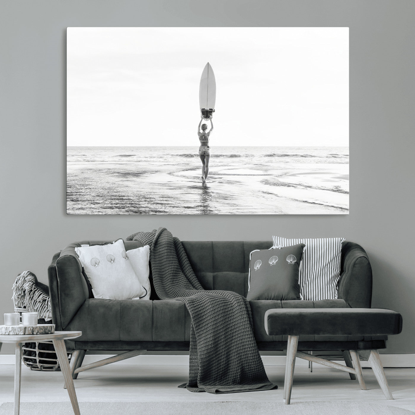 98446901-MGV-CV-36X24-Monochrome Surf Wall Art Canvas Print, Framed Minimalist Surfer Art Picture Print, Surfboard Silhouette Perfect Coastal Minimalist