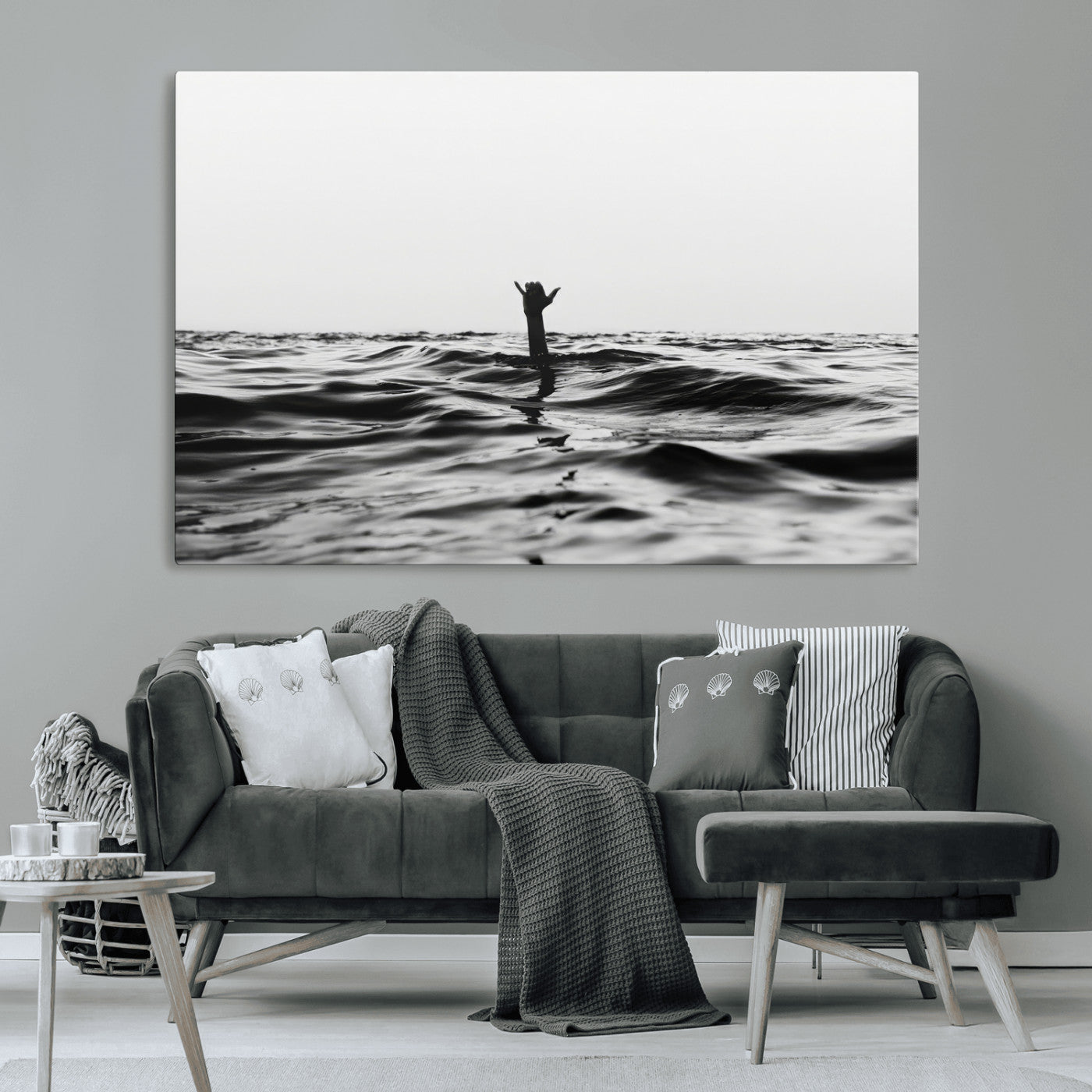 69541918-MGV-CV-36X24-Black White Ocean Wall Art Canvas Print, Framed Moody Seascape Art Picture Print, Surfer Sign Perfect Moody Minimalist Decor
