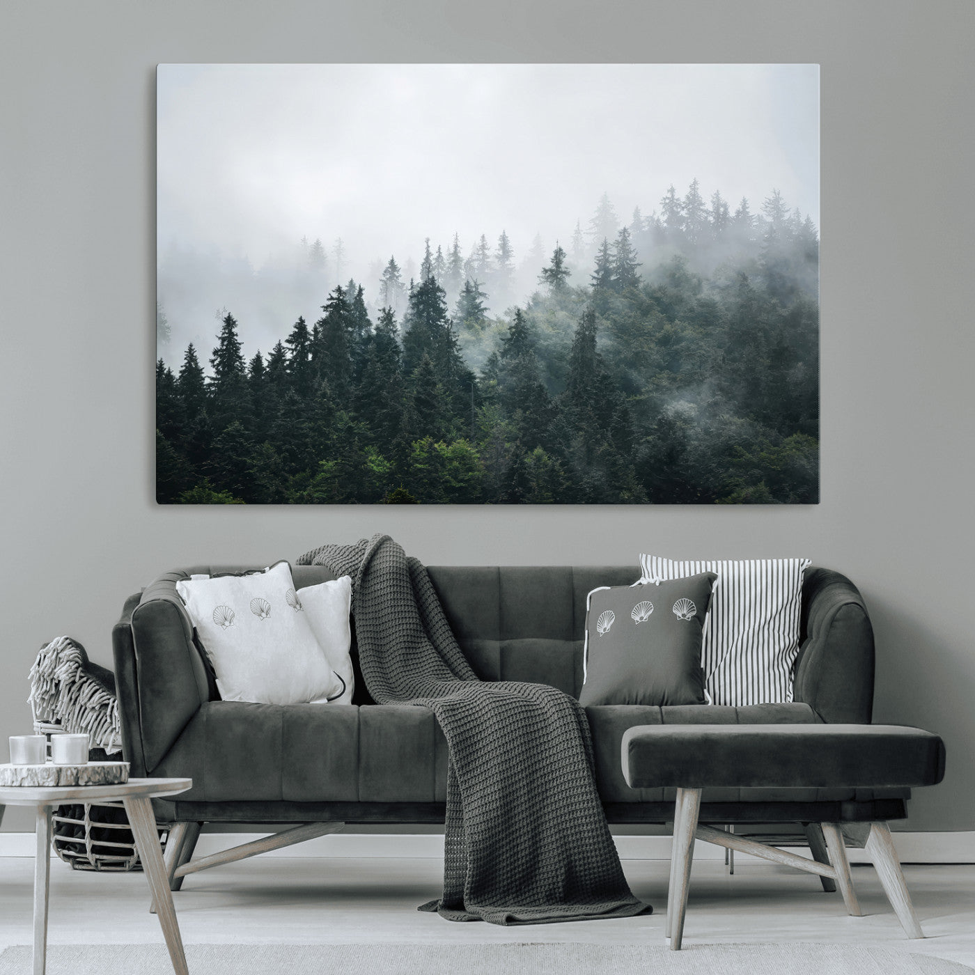 84146572-MGV-CV-36X24-Foggy Pine Trees Wall Art Canvas Print, Framed Forest Nature Art Picture Print, Evergreen Forest Perfect Scandinavian Minimalist