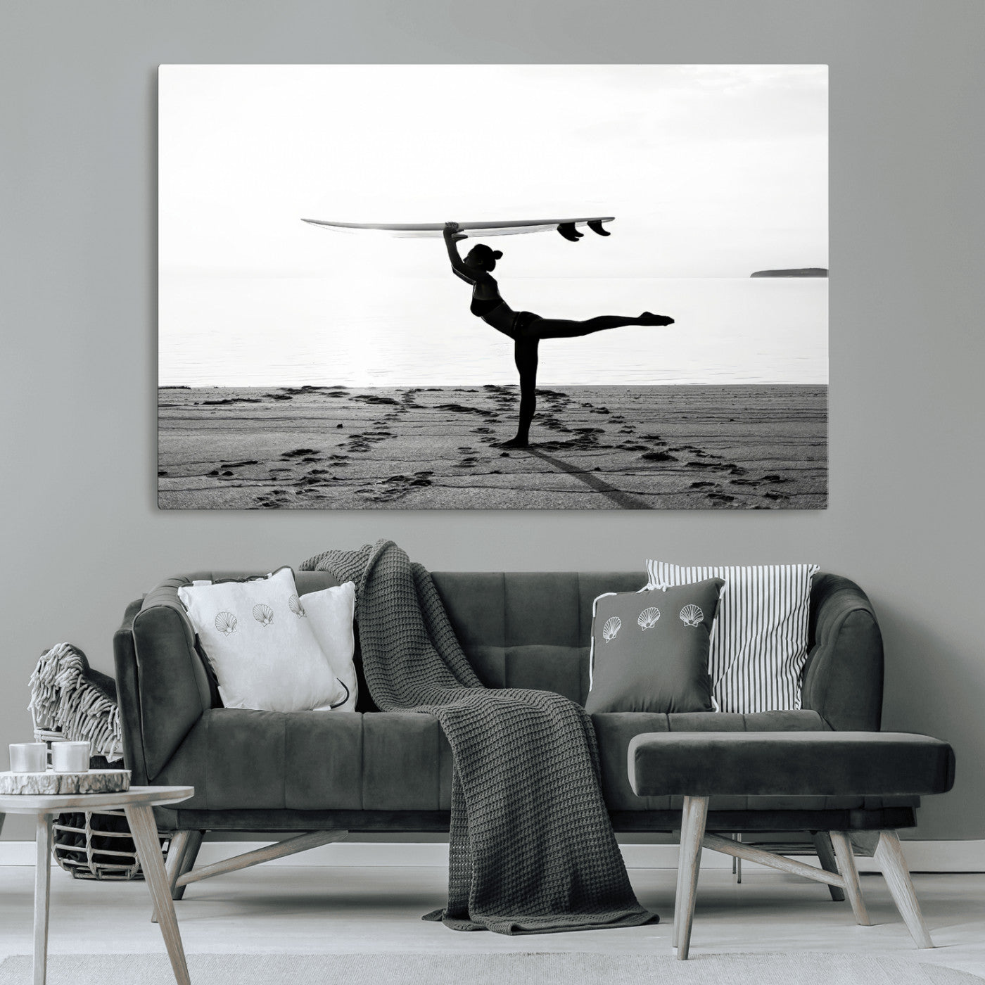 28441356-MGV-CV-36X24-Yoga Surf Wall Art Canvas Print, Framed Black White Shore Art Picture Print, Peaceful Ocean Perfect Minimalist Coastal Decor