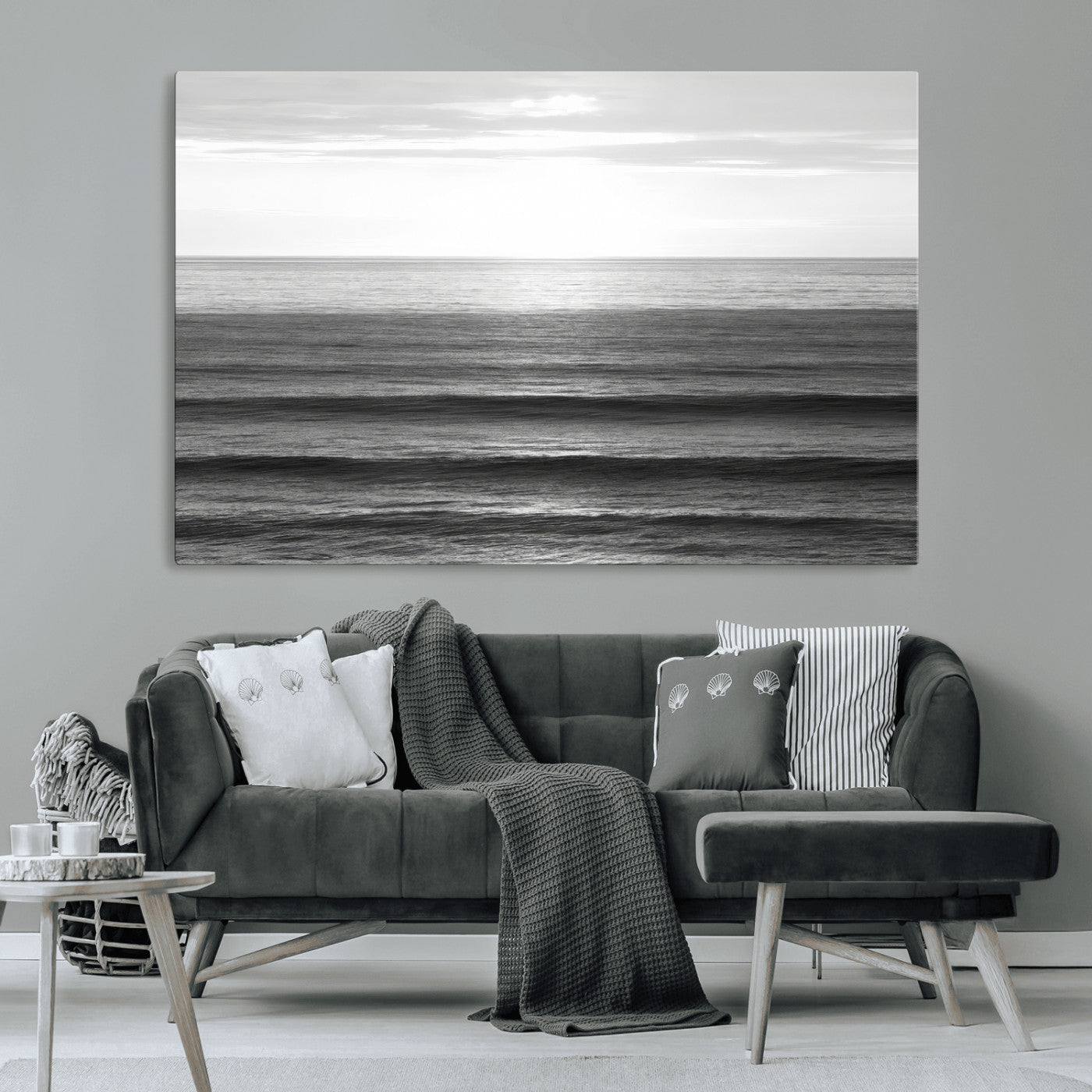 47305203-MGV-CV-36X24-Monochrome Ocean Wall Art Canvas Print, Framed Moody Ocean Art Picture Print, Calm Ocean Perfect Minimalist Coastal Decor Artwork