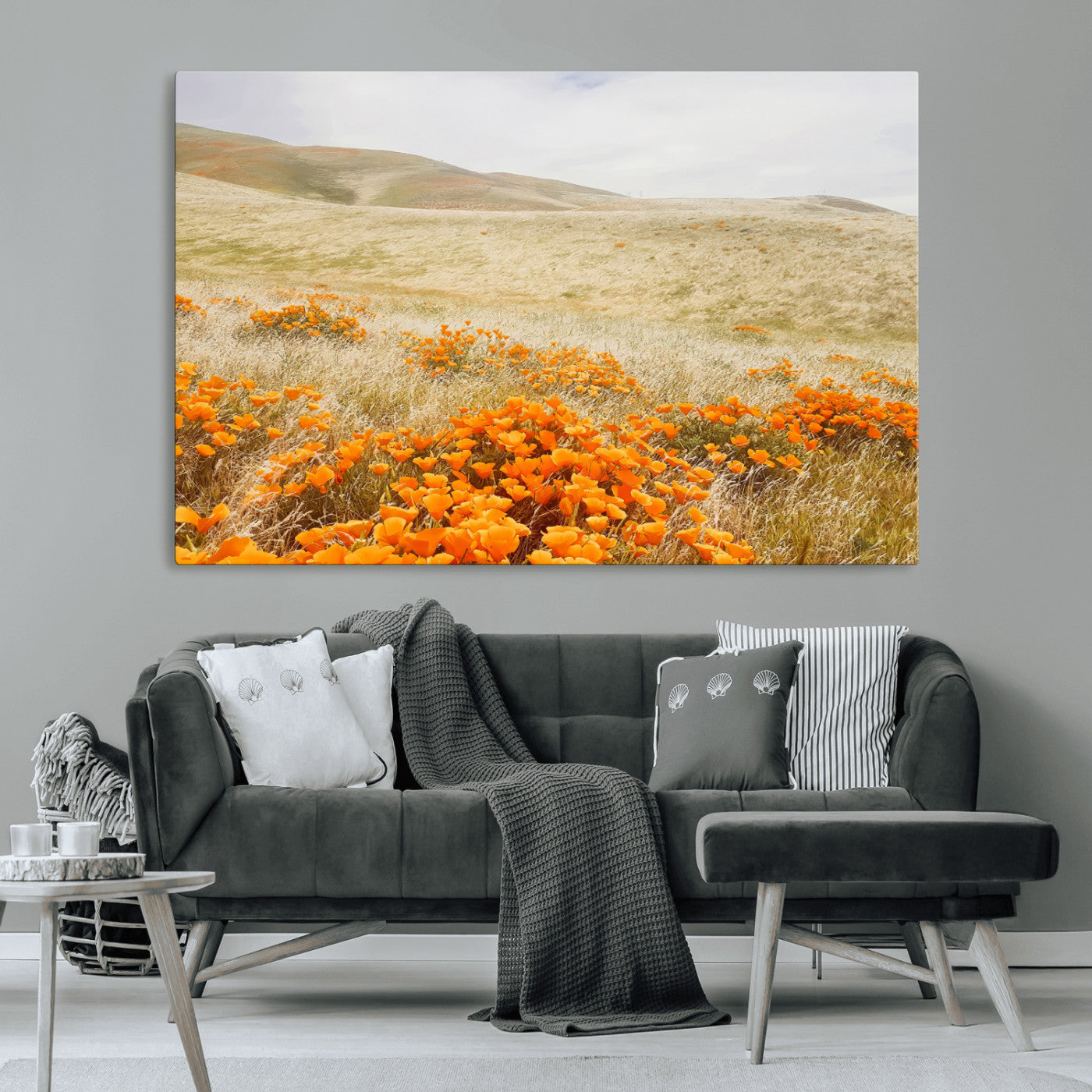 28972262-MGV-CV-36X24-Golden Wildflowers Wall Art Canvas Print, Framed Hills Bloom Art Picture Print, Poppy Meadow Perfect Rustic Nature Decor Artwork