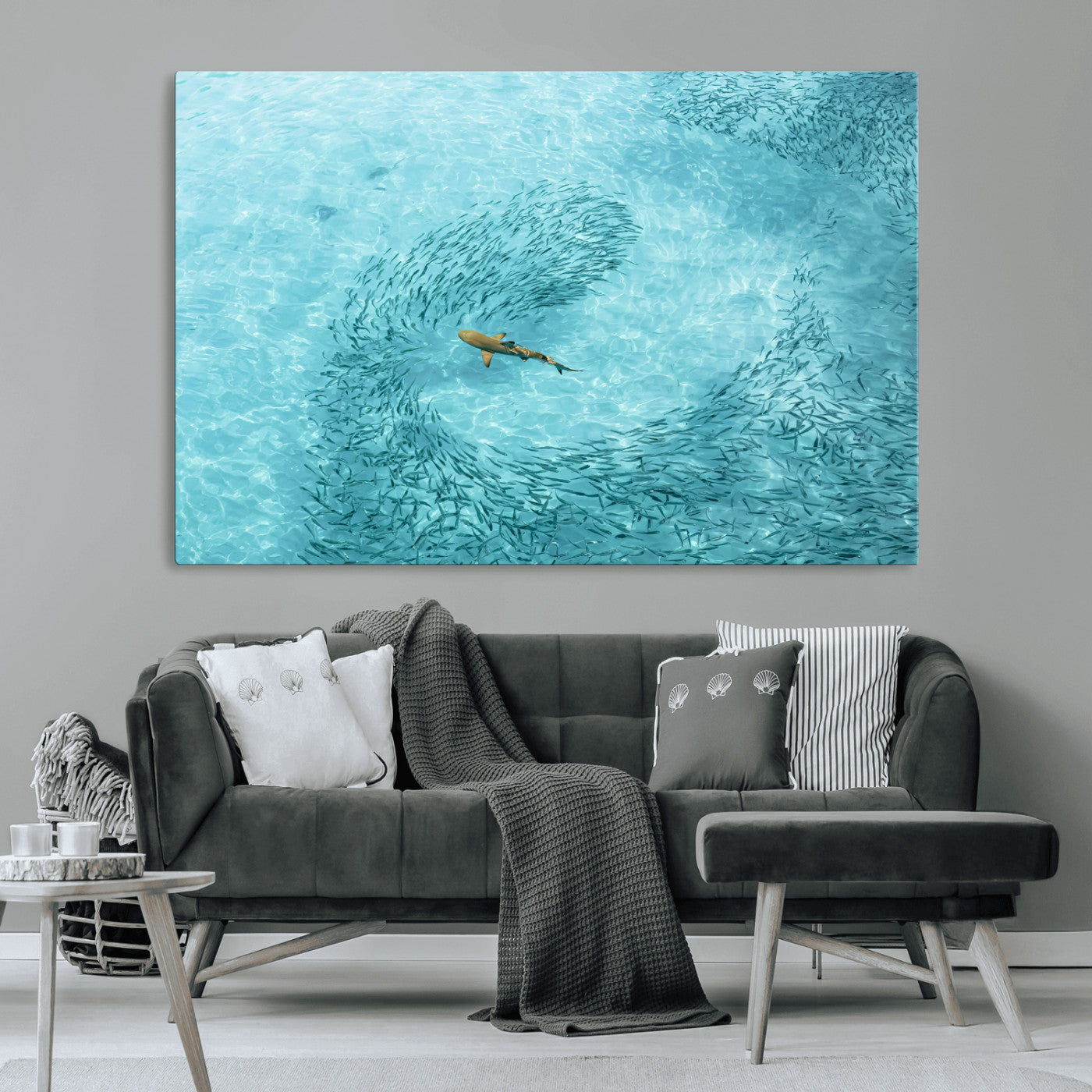43671474-MGV-CV-36X24-Fish Swarm Wall Art Canvas Print, Framed Marine Life Art Picture Print, Shark Aerial Perfect Wildlife Coastal Decor Artwork
