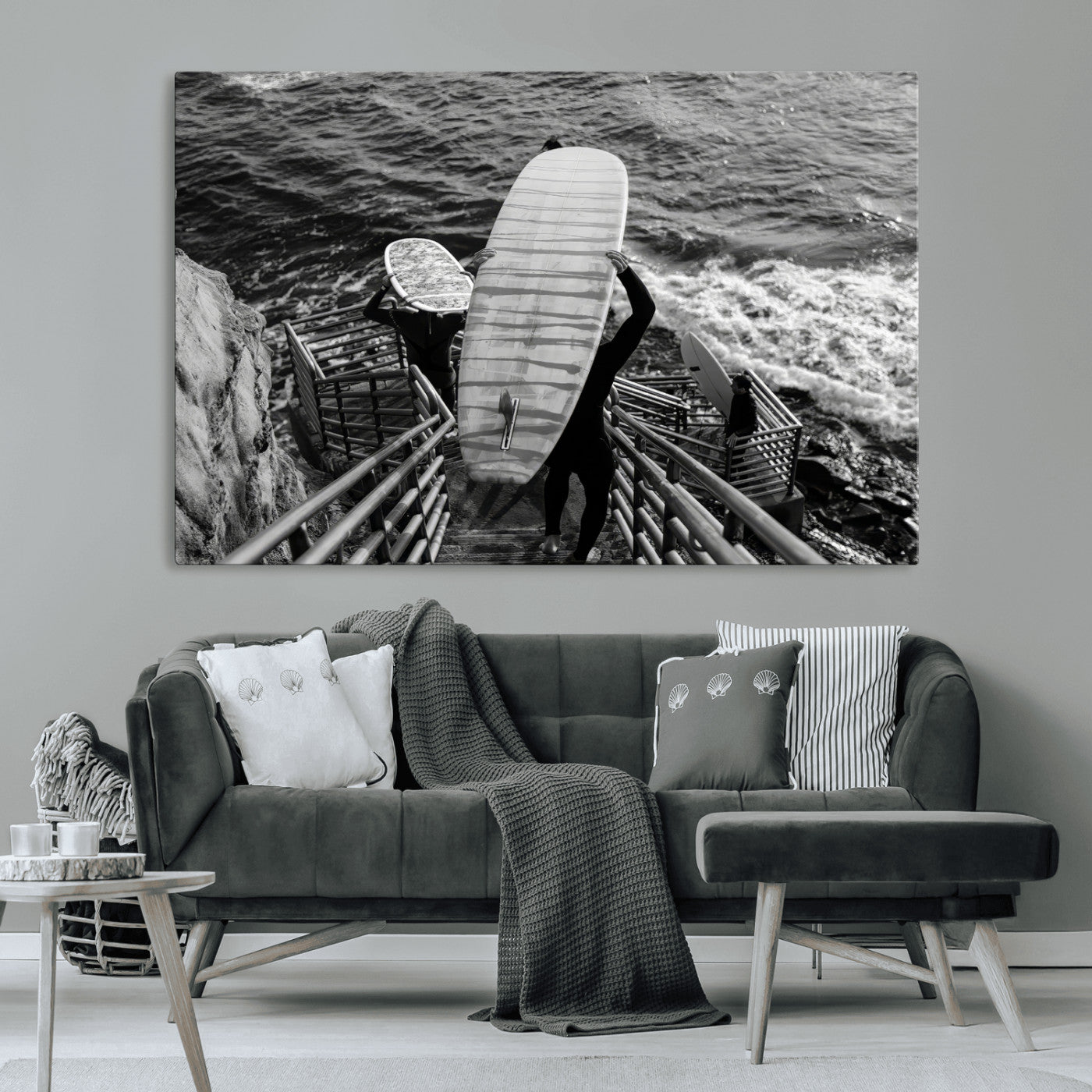 32353707-MGV-CV-36X24-Black White Surfing Wall Art Canvas Print, Framed Coastal Surfing Art Picture Print, Wave Riders Perfect Coastal Adventure Decor