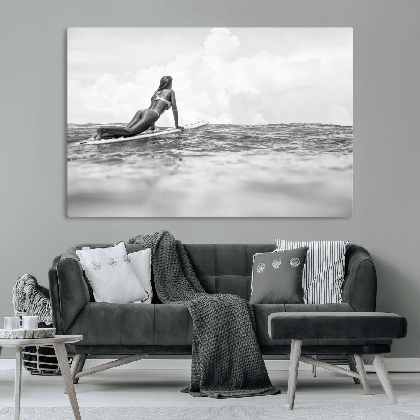 69798068-MGV-CV-36X24-Black White Surfing Wall Art Canvas Print, Framed Ocean Horizon Art Picture Print, Surfer Girl Perfect Coastal Adventure Decor