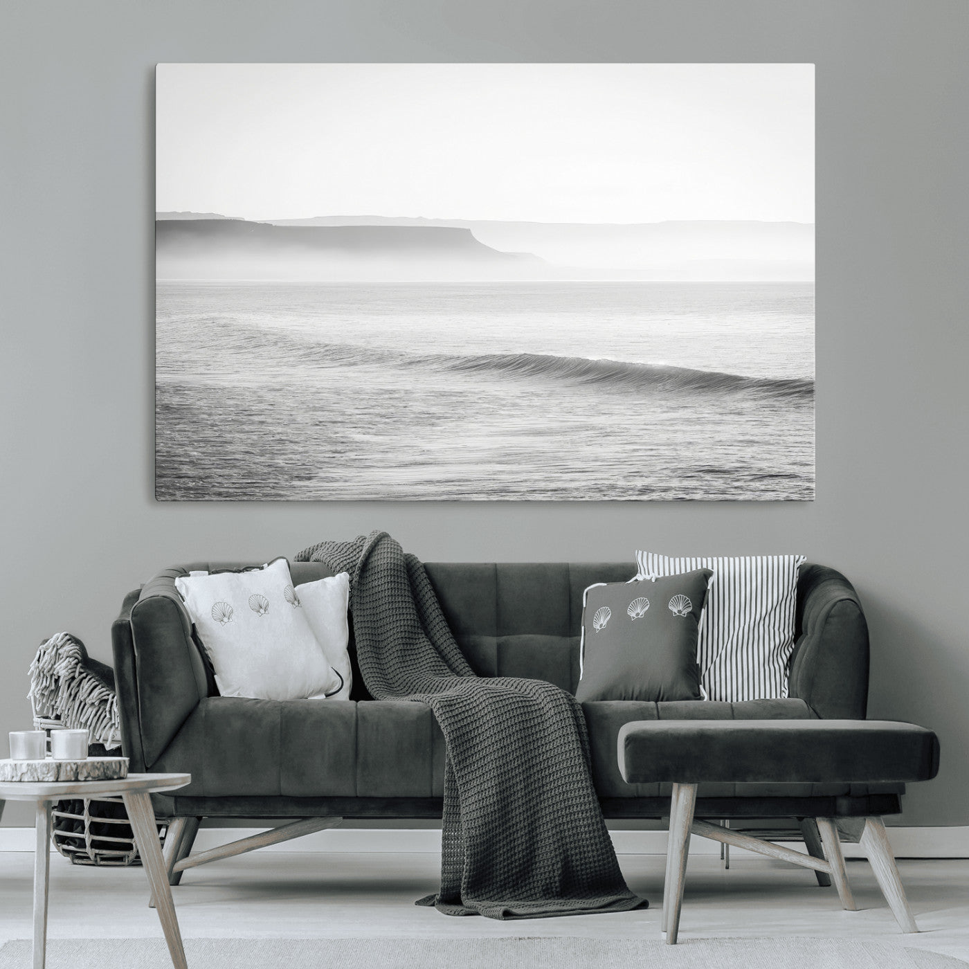 60635783-MGV-CV-36X24-Black White Seascape Wall Art Canvas Print, Framed Ocean Waves Art Picture Print, Misty Coastal Perfect Minimalist Coastal Decor