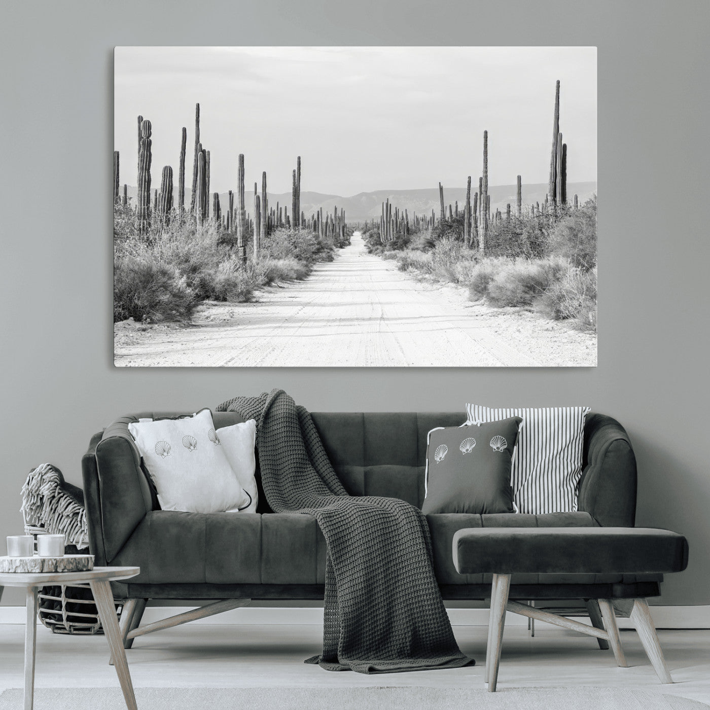 35537313-MGV-CV-36X24-Monochrome Desert Wall Art Canvas Print, Framed Cactus Path Art Picture Print, Southwestern Landscape Perfect Southwestern