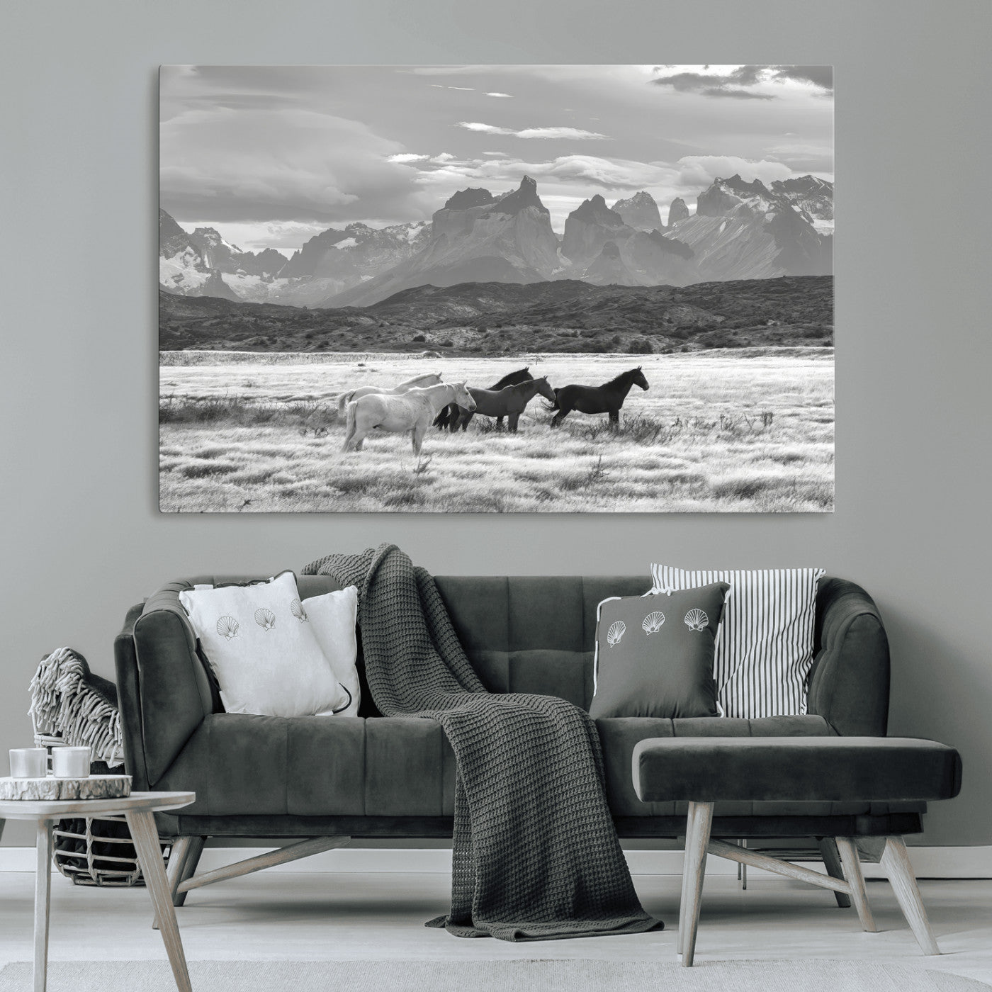 21655040-MGV-CV-36X24-Wild Horses Wall Art Canvas Print, Framed Black White Mountains Art Picture Print, Rustic Countryside Perfect Rustic Western Decor