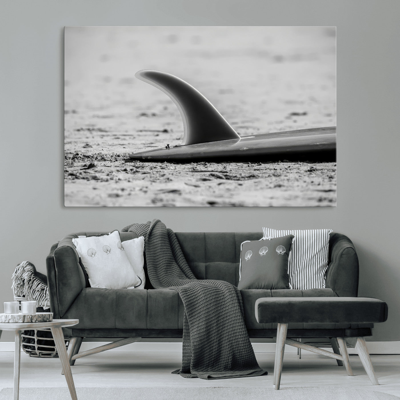 62314230-MGV-CV-36X24-Black White Surfboard Wall Art Canvas Print, Framed Minimalist Beach Art Picture Print, Surf Fin Perfect Minimalist Coastal Decor