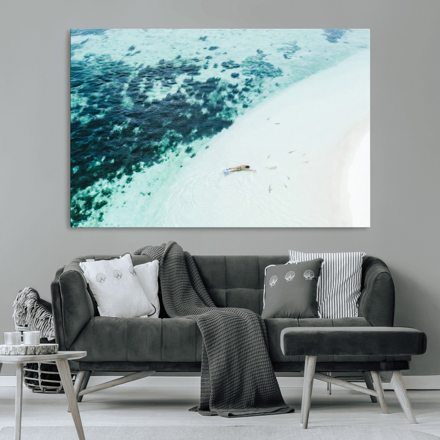 33764764-MGV-CV-36X24-Minimal Beach Wall Art Canvas Print, Framed Ocean Swimming Art Picture Print, Clear Ocean Perfect Minimal Coastal Decor Artwork