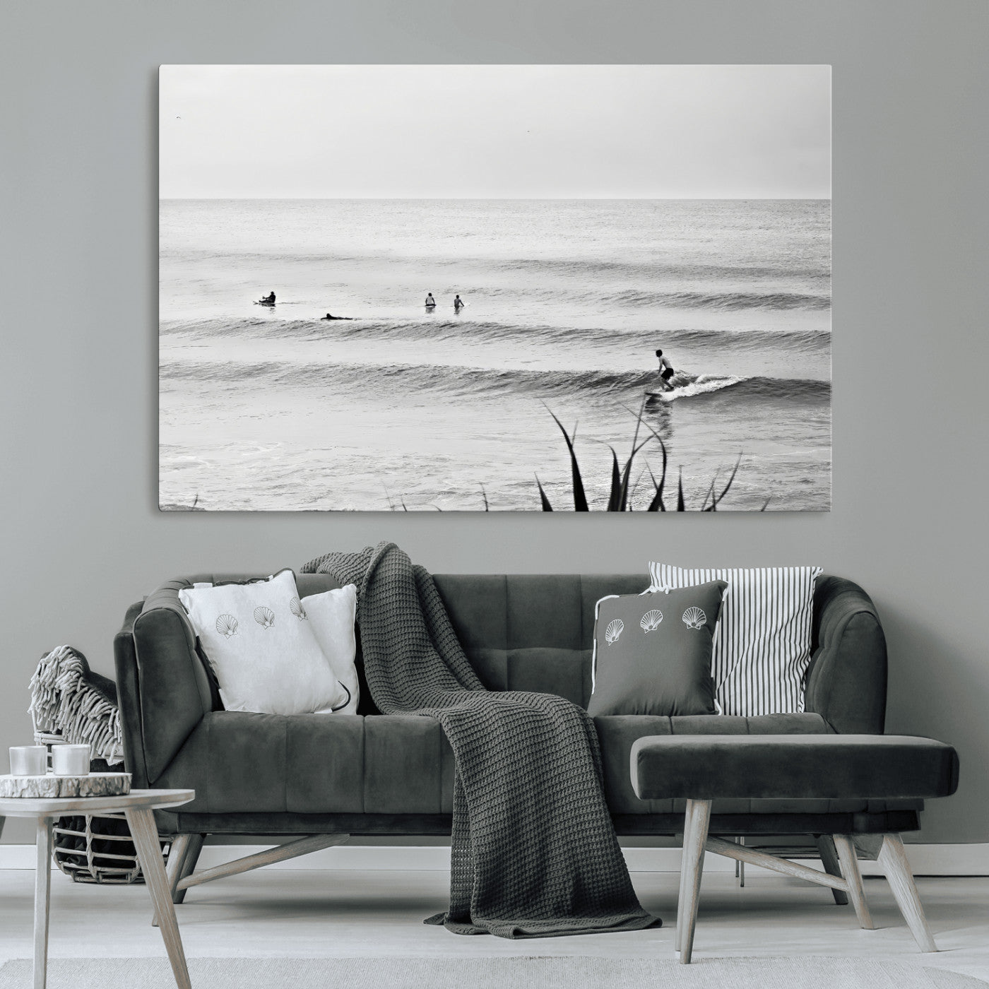 33821421-MGV-CV-36X24-Surfer Silhouette Wall Art Canvas Print, Framed Calm Ocean Art Picture Print, Monochrome Surf Perfect Minimalist Coastal Decor