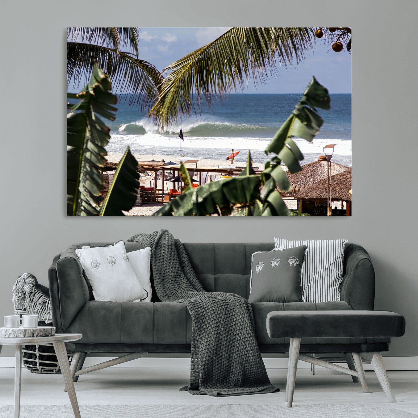 34722557-MGV-CV-36X24-Tropical Shoreline Wall Art Canvas Print, Framed Surfer Beach Art Picture Print, Coastal Surf Perfect Tropical Coastal Decor