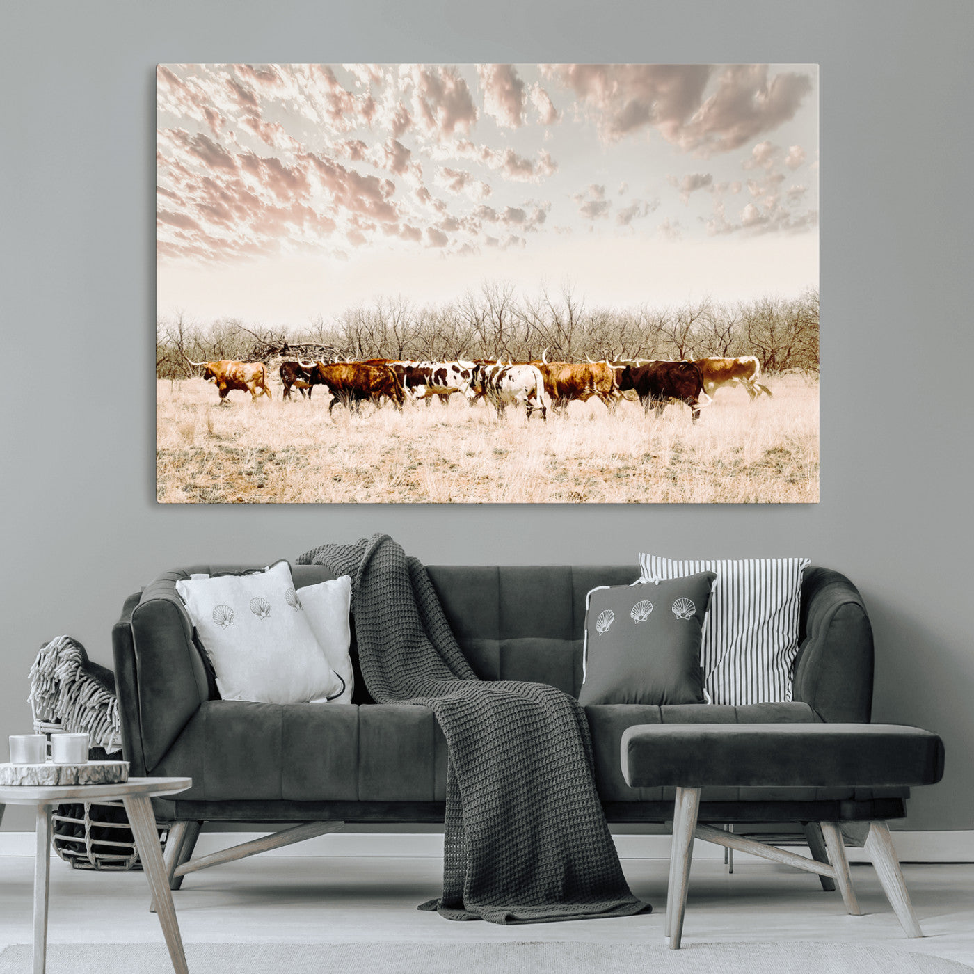 64892775-MGV-CV-36X24-Longhorn Cattle Wall Art Canvas Print, Framed Texas Ranch Art Picture Print, Western Cow Perfect Western Decor Artwork