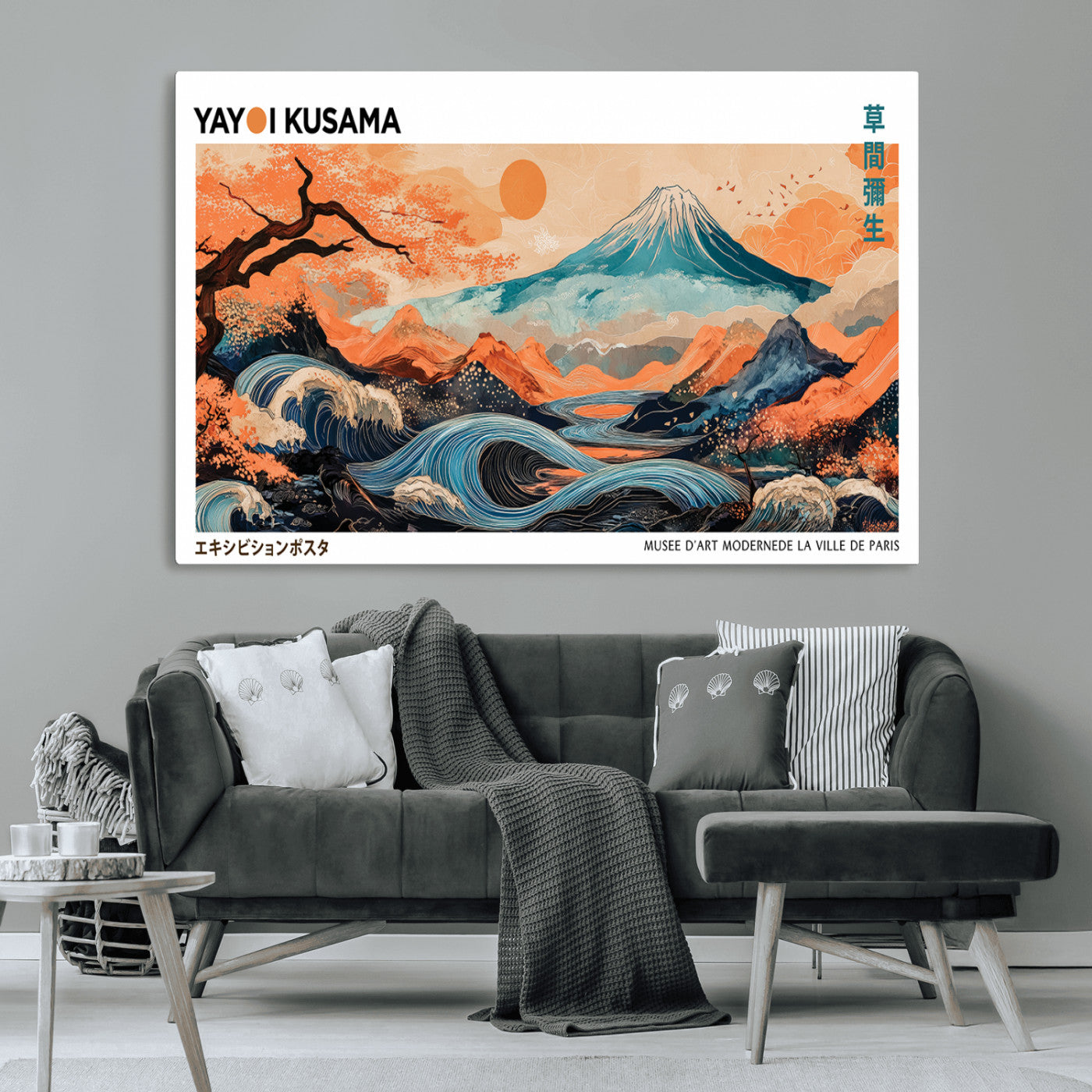 88785870-MGV-CV-36X24-Japanese Great Wave & Mt Fuji Wall Art – Ukiyo e Style Landscape Print with Flowing River, Autumn Mountain Poster, Oriental Asian