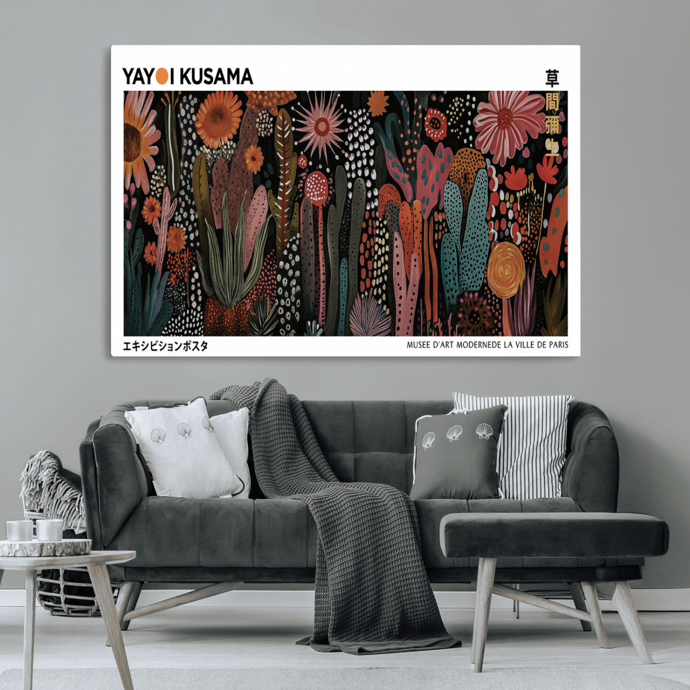 70632622-MGV-CV-36X24-Dark Floral Abstract Wall Art – Botanical Canvas Print, Modern Boho Flower Painting, Colorful Kusama-Inspired Garden Poster for