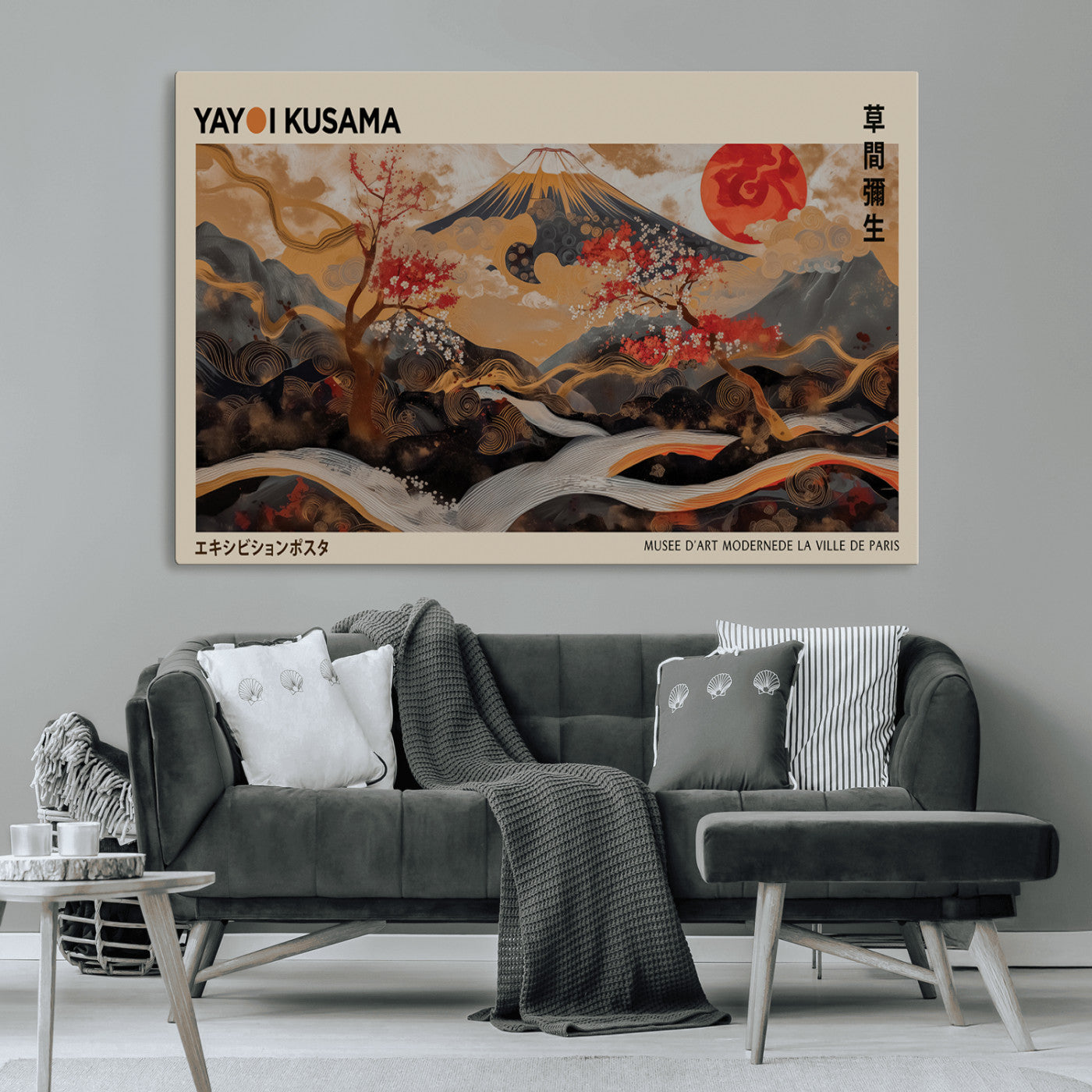 77970791-MGV-CV-36X24-Mount Fuji Golden Abstract Wall Art – Japanese Landscape Canvas Poster, Cherry Blossom & Red Sun Painting, Elegant Zen Oriental