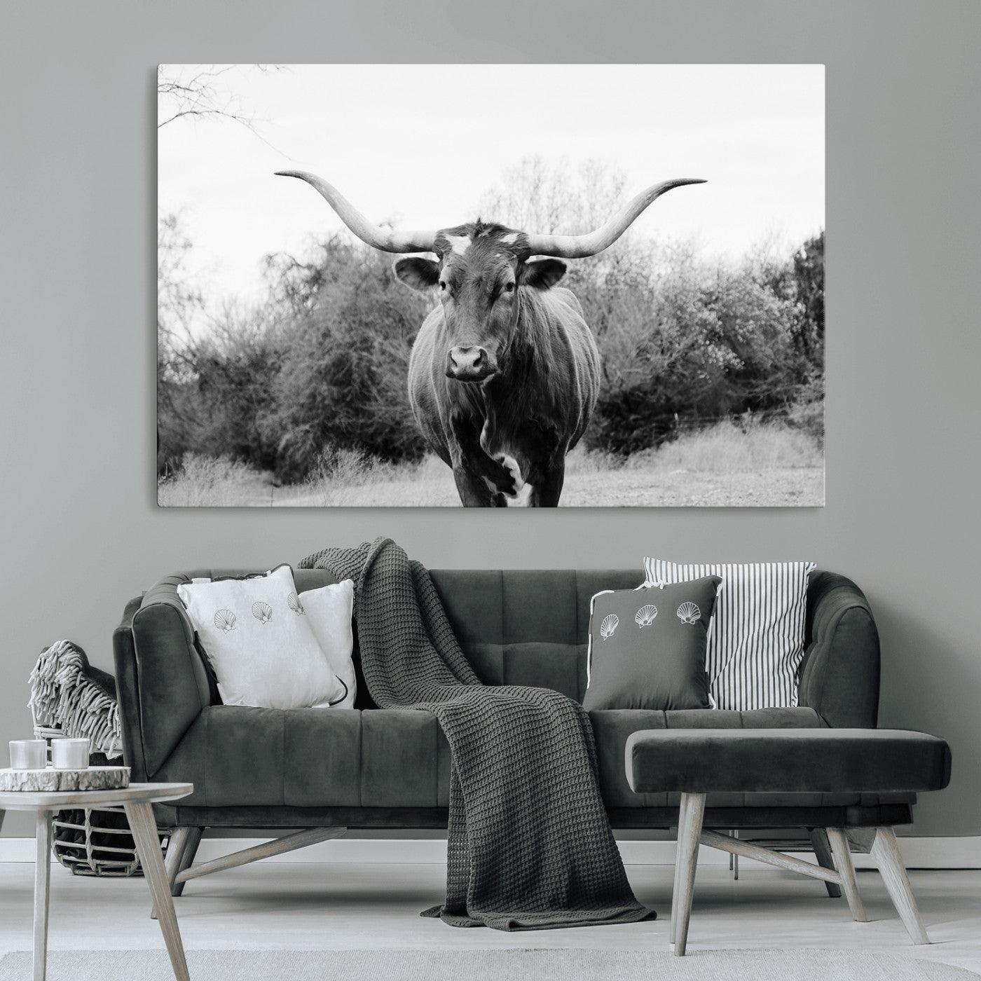 97280319-MGV-CV-36X24-Longhorn Photography Wall Art Canvas Print, Framed Western Cow Decor Art Picture Print, Texas Ranch Style Perfect Rustic Farmhouse