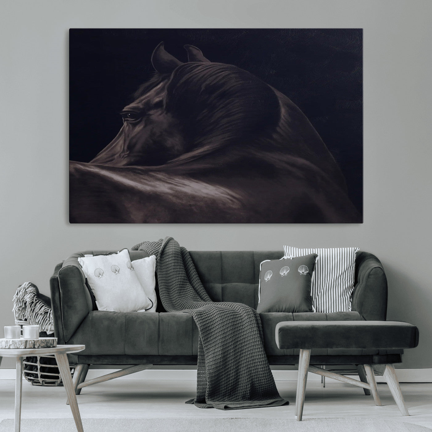 67026880-MGV-CV-36X24-Black Horse Portrait Wall Art Canvas Print, Framed Moody Horse Decor Art Picture Print, Equestrian Wall Style Perfect Masculine