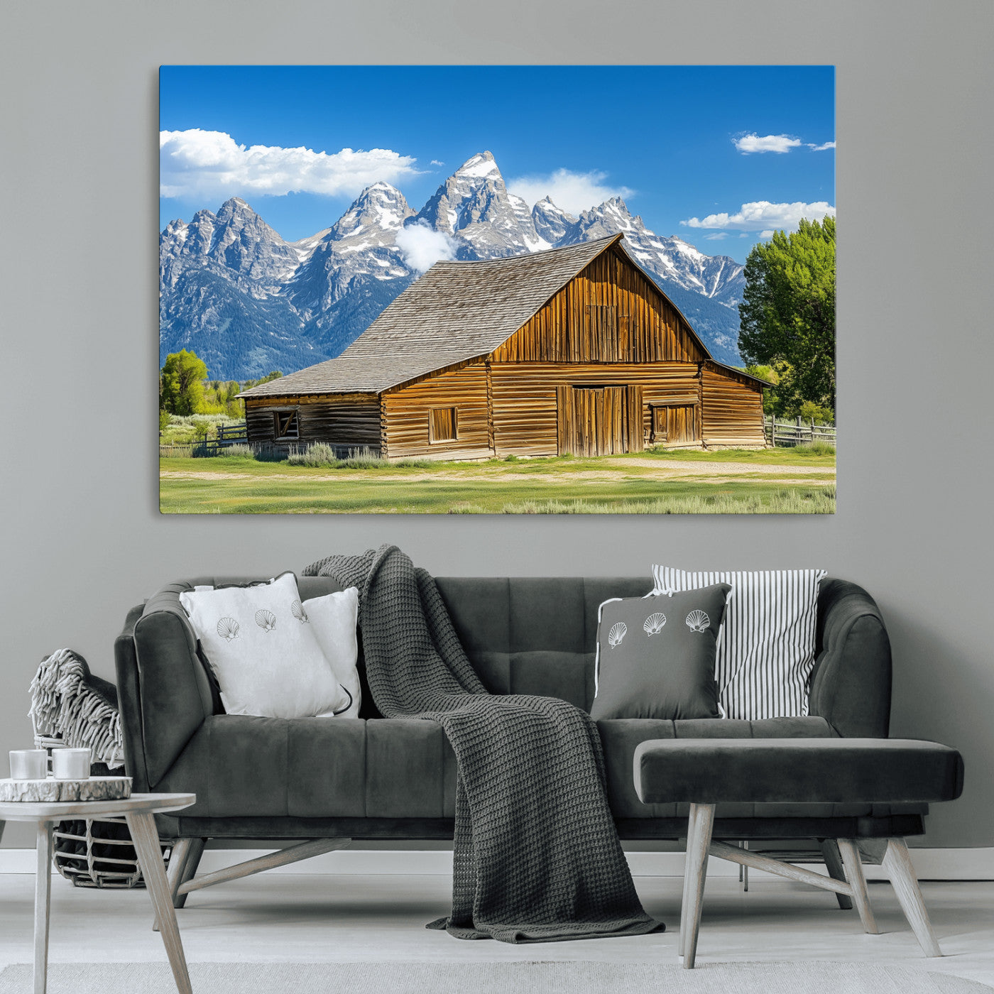 75948467-MGV-CV-36X24-Mountain Barn Scene Wall Art Canvas Print, Framed Rustic Farmhouse Style Art Picture Print, Country Cabin Decor Perfect Rustic