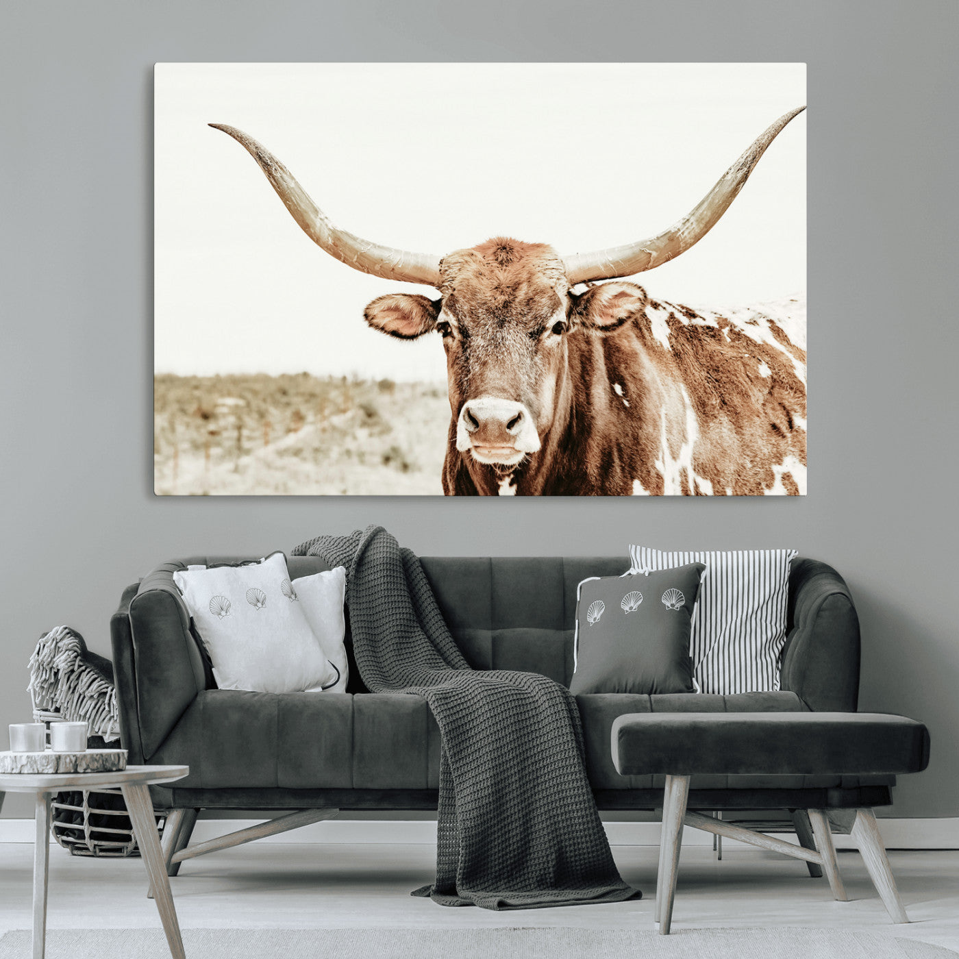 98924580-MGV-CV-36X24-Texas Longhorn Bull Wall Art Canvas Print, Framed Rustic Farmhouse Decor Art Picture Print, Western Animal Theme Perfect Rustic