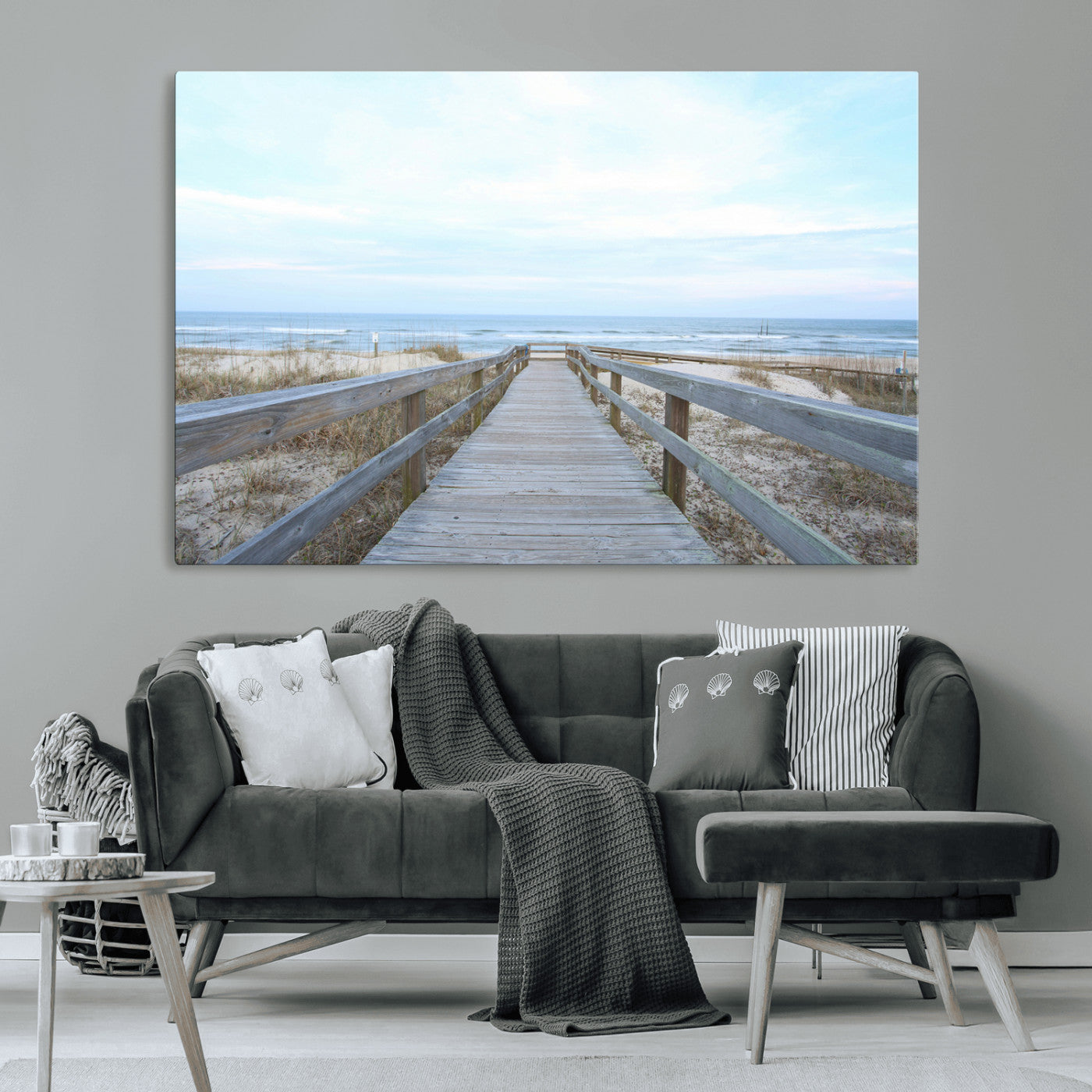 31602988-MGV-CV-36X24-Beach Boardwalk Wall Art Canvas Print, Framed Coastal Serenity Art Picture Print, Ocean View Perfect Coastal Minimalist Decor