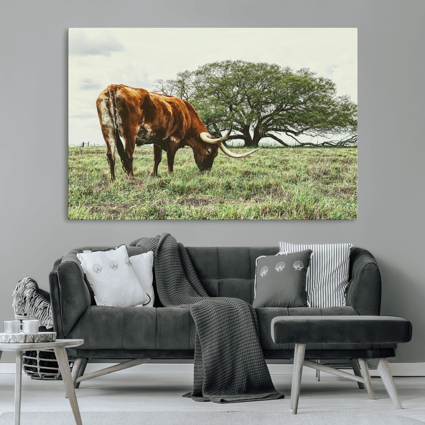 91866234-MGV-CV-36X24-Texas Longhorn Wall Art Canvas Print, Framed Rustic Ranch Art Picture Print, Western Cattle Perfect Rustic Farmhouse Decor Artwork