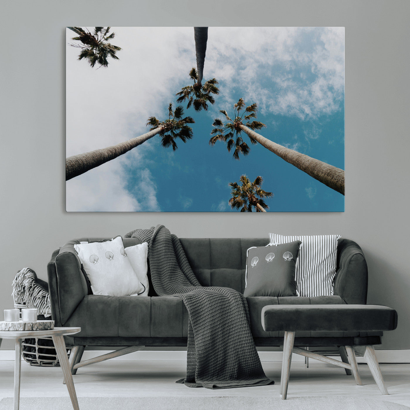 45236398-MGV-CV-36X24-Tropical Palm Trees Wall Art Canvas Print, Framed California Sky Art Picture Print, Minimalist Nature Perfect Coastal Minimalist