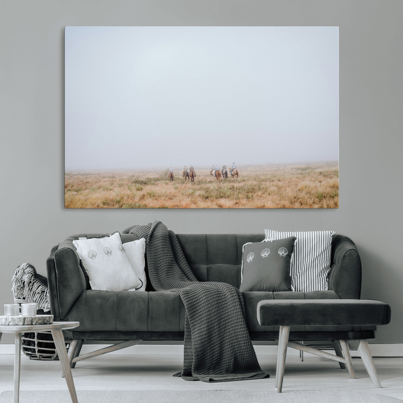 14761944-MGV-CV-36X24-Foggy Plains Wall Art Canvas Print, Framed Horseback Riders Art Picture Print, Rustic Western Perfect Rustic Western Decor Artwork