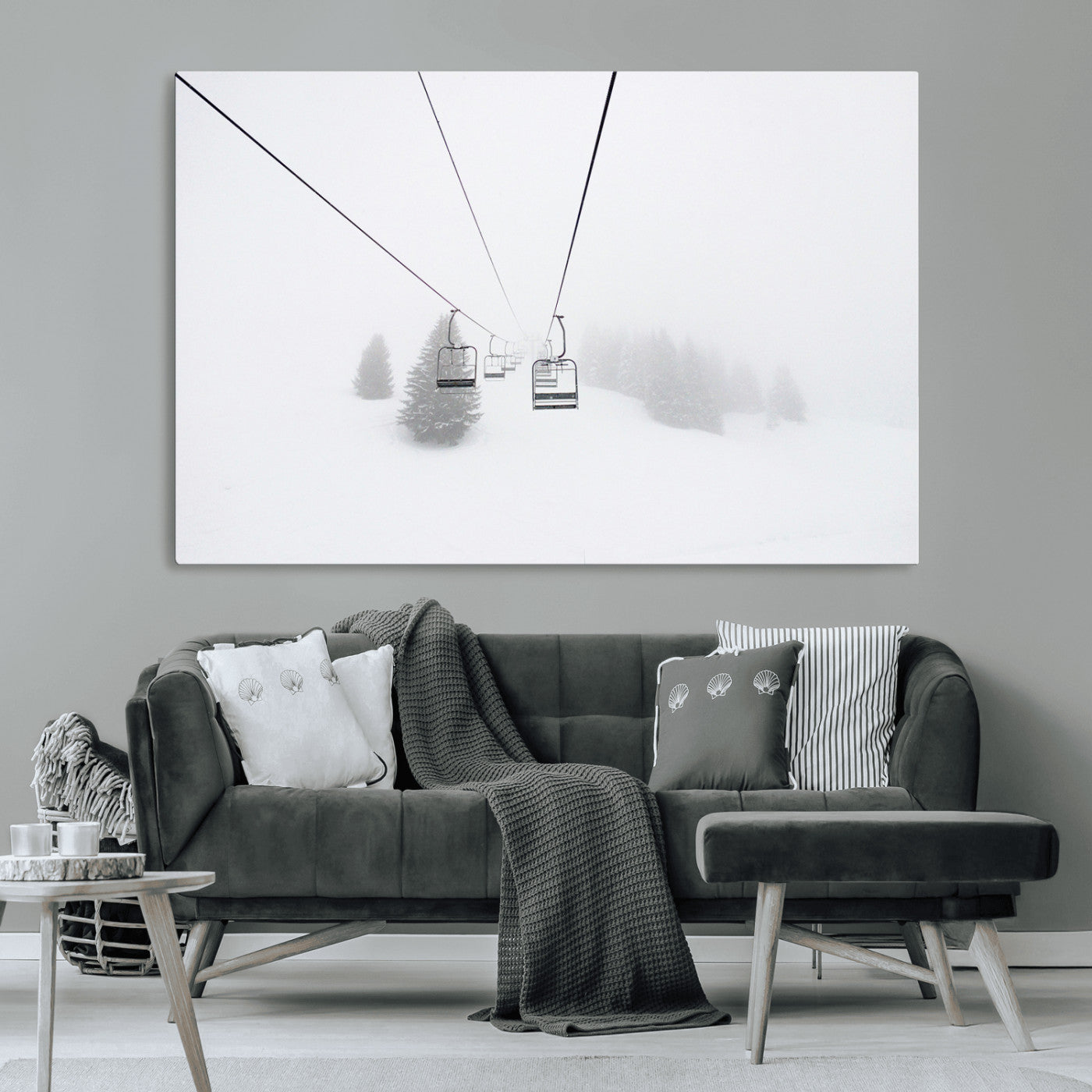 20216390-MGV-CV-36X24-Ski Lift Wall Art Canvas Print, Framed Snowy Landscape Art Picture Print, Alpine Adventure Perfect Nordic Minimalist Decor Artwork