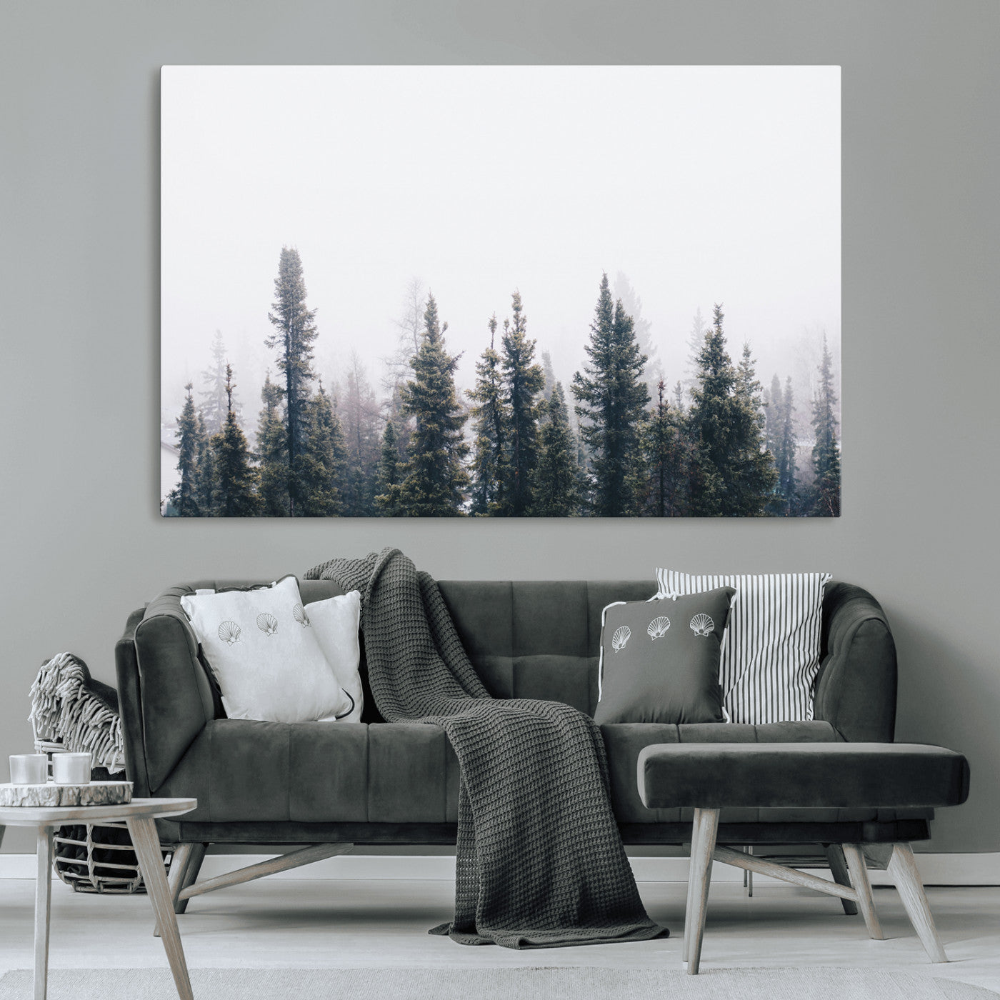 42364796-MGV-CV-36X24-Foggy Forest Wall Art Canvas Print, Framed Misty Pines Art Picture Print, Moody Woodland Perfect Scandinavian Minimalist Decor