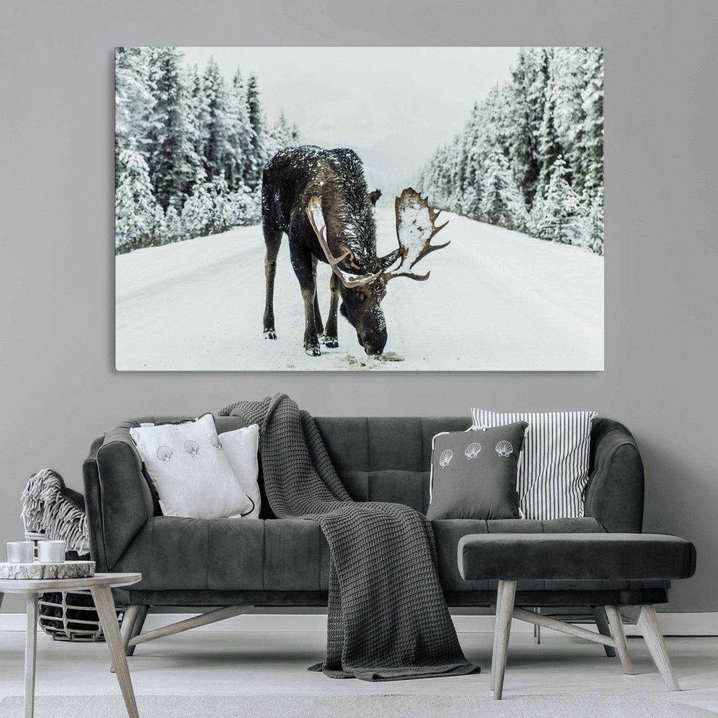 13316292-MGV-CV-36X24-Moose in Snow Wall Art Canvas Print, Framed Winter Wildlife Art Picture Print, Snowy Forest Scene Perfect Rustic Lodge Decor