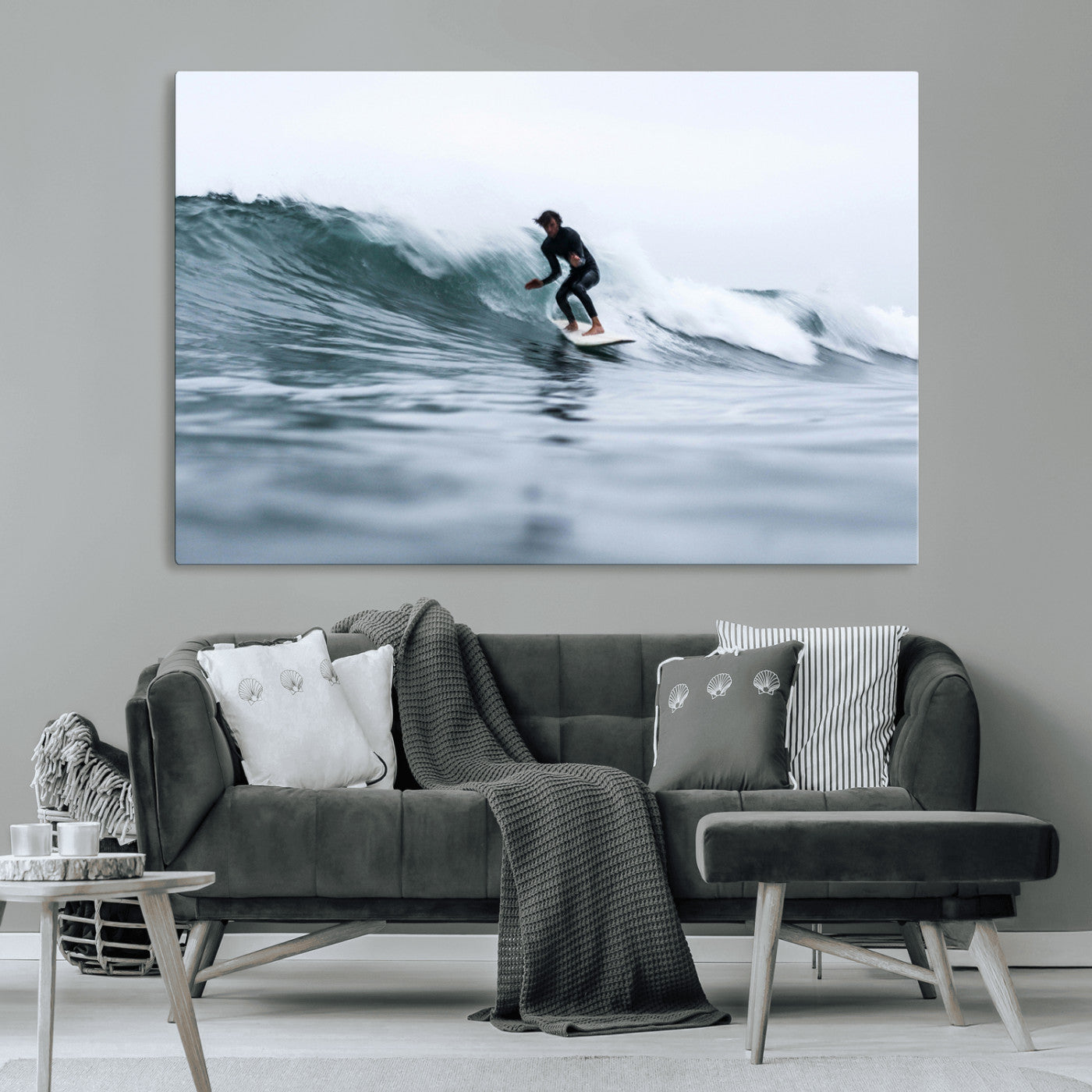 11693607-MGV-CV-36X24-Surfer on Wave Wall Art Canvas Print, Framed Ocean Adventure Art Picture Print, Motion Blur Water Perfect Coastal Adventure Decor