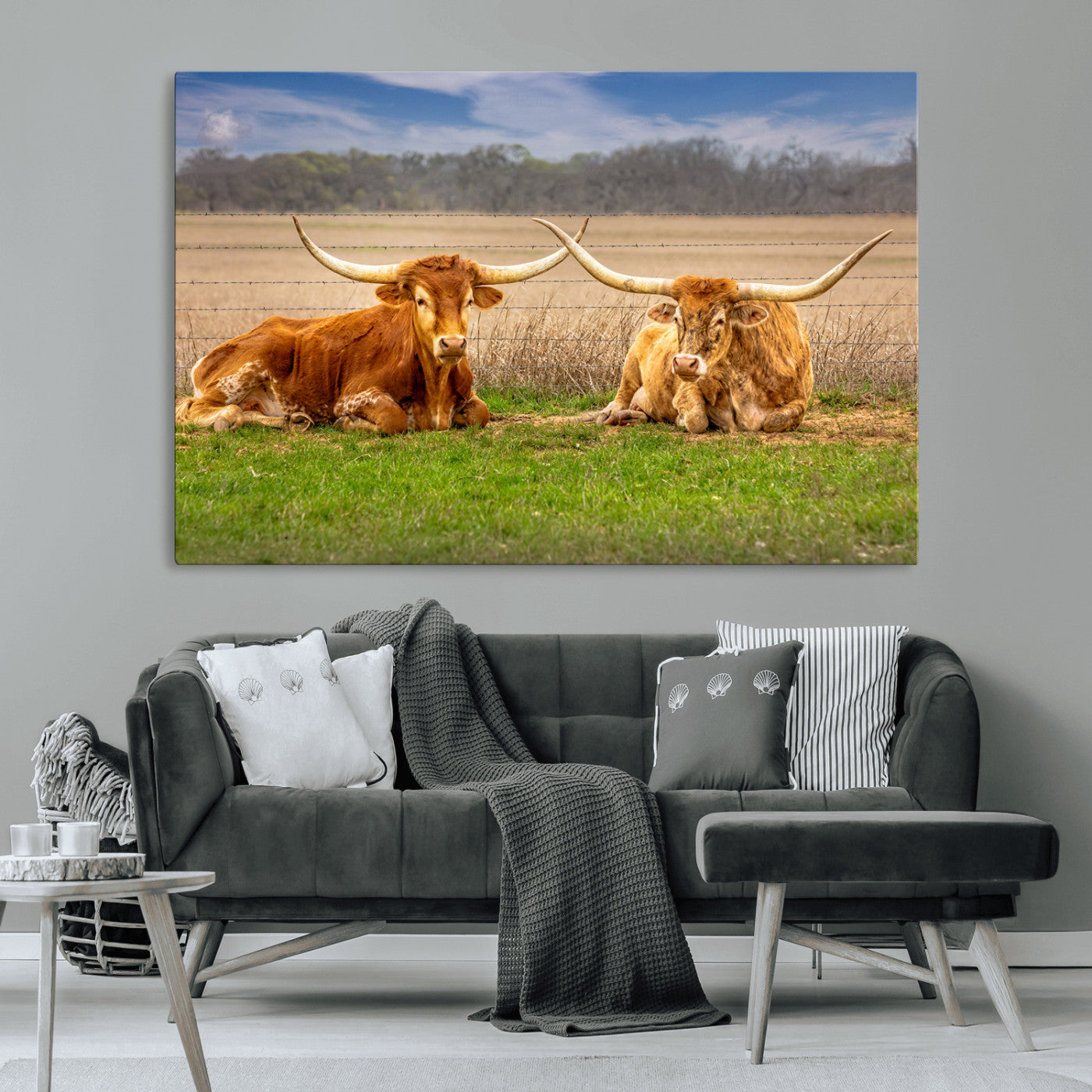 54598515-MGV-CV-36X24-Texas Longhorns Wall Art – Rustic Cattle Ranch Canvas Print, Western Farmhouse Animal Photography Decor for Living Room, Office,
