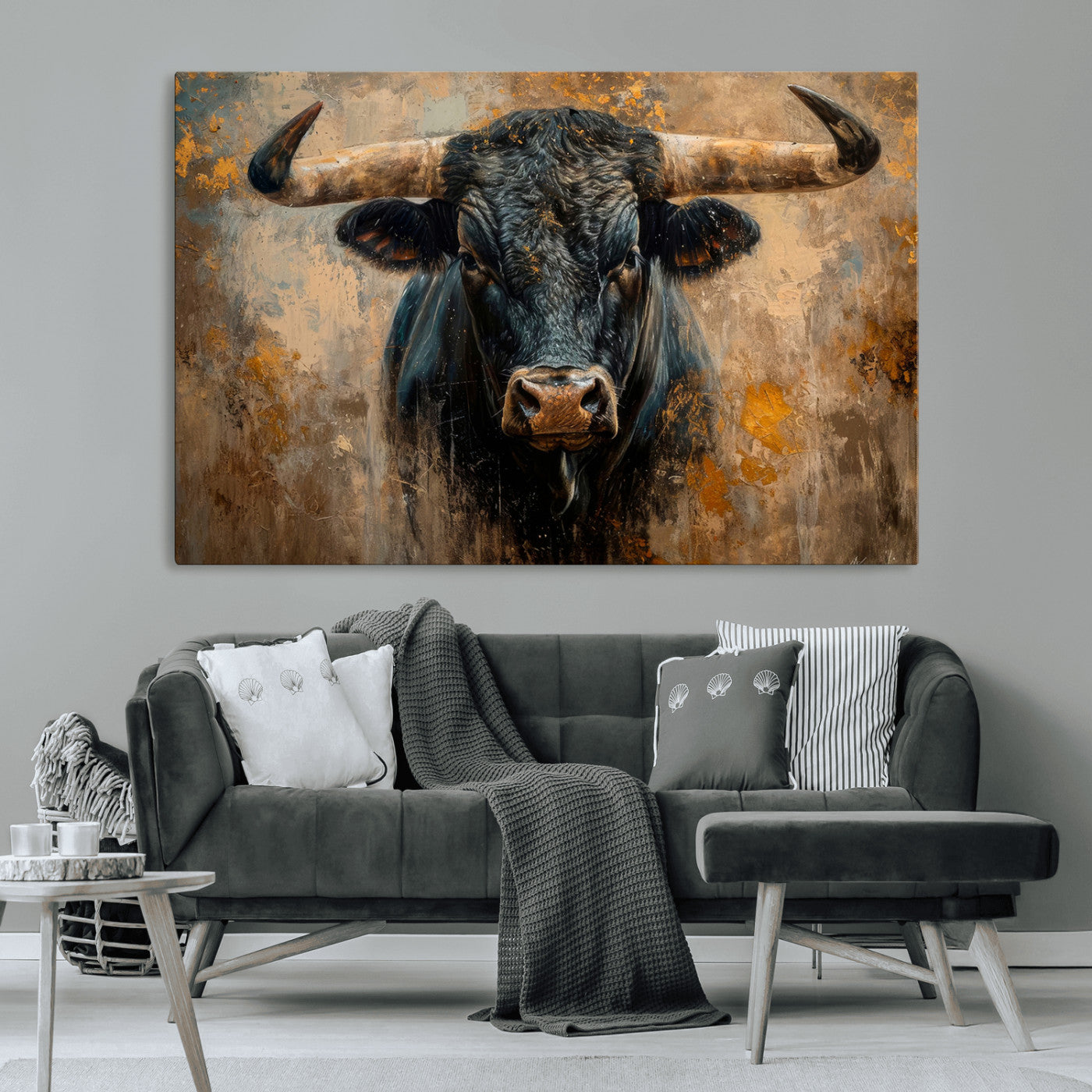 91615410-MGV-CV-36X24-Bull Wall Art – Rustic Western Longhorn Canvas Print, Powerful Abstract Animal Painting, Farmhouse Ranch Decor for Living Room,