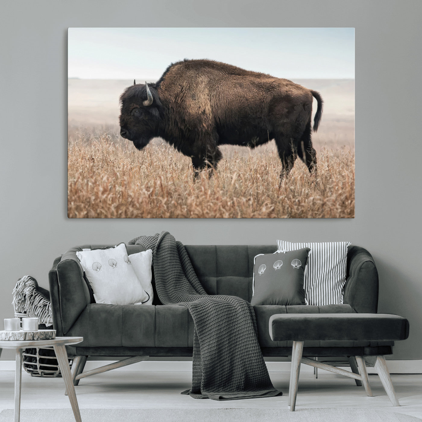69909079-MGV-CV-36X24-Bison Wall Art – Majestic Buffalo Canvas Print in Prairie Grasslands, Rustic Western Animal Painting, Farmhouse Ranch Decor for