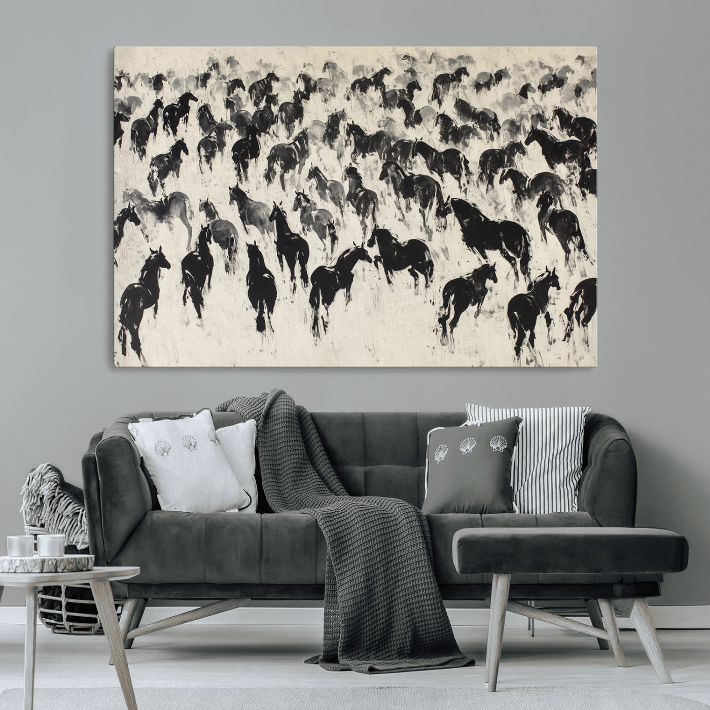 29265745-MGV-CV-36X24-Wild Horse Herd Wall Art – Black and White Galloping Horses Canvas Print, Rustic Western Farmhouse Décor for Living Room, Bedroom,