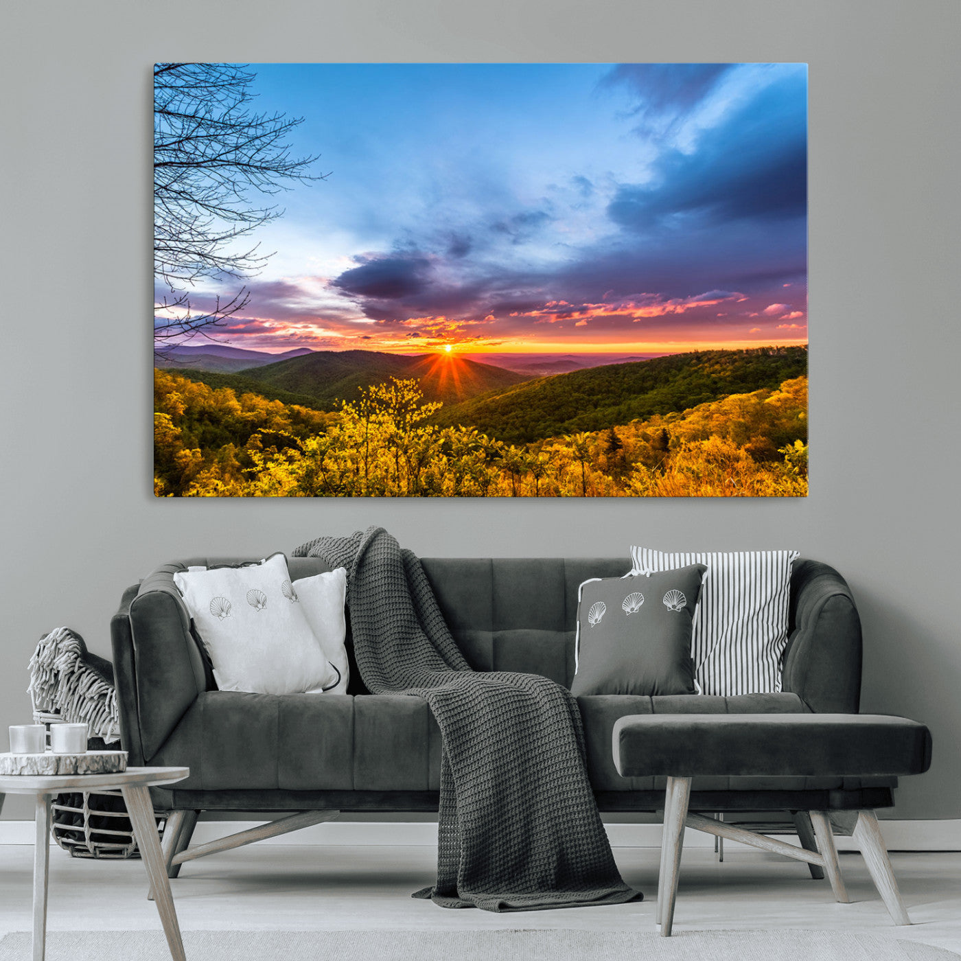 25786346-MGV-CV-36X24-Sunset Over Mountains Wall Art – Nature Landscape Canvas Print, Golden Hour Forest Photography, Scenic Sunrise Artwork for Living