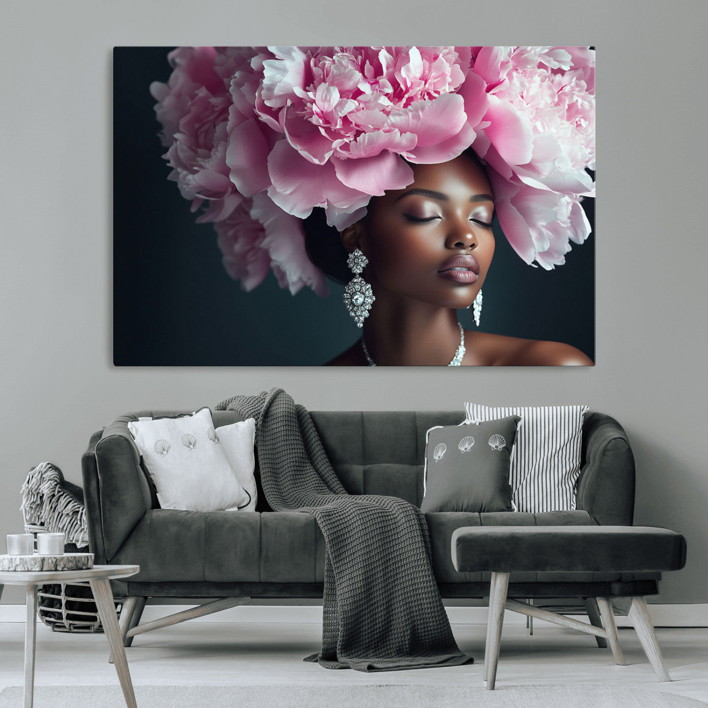 35482880-MGV-CV-36X24-Floral Portrait Wall Art – Elegant Woman with Pink Peony Headpiece Canvas Print, Luxury Fashion Inspired Artwork, Modern Glam