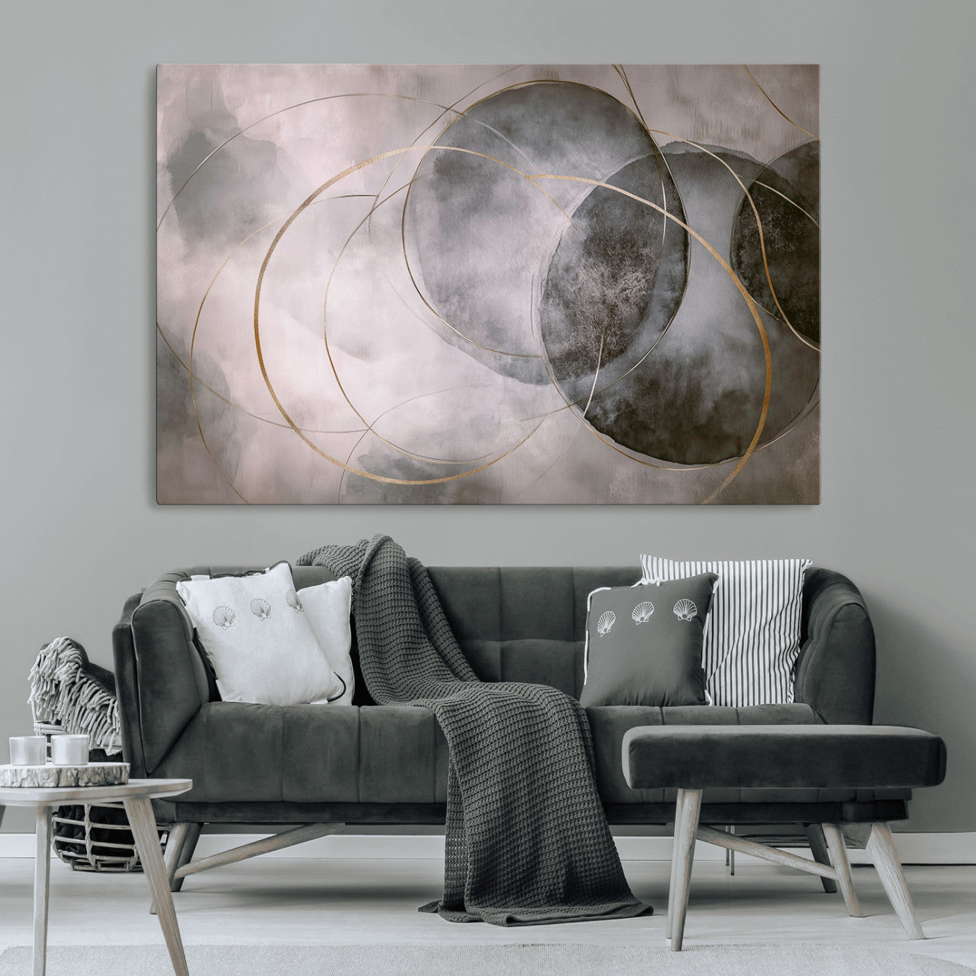 20066876-MGV-CV-36X24-Neutral Abstract Circle Wall Art – Modern Gray Beige Gold Canvas Print, Minimalist Geometric Painting for Bedroom, Living Room,