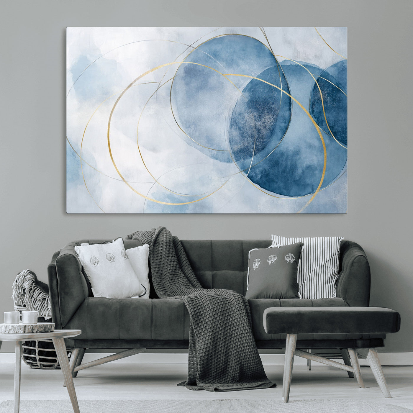 47060443-MGV-CV-36X24-Blue Abstract Circle Wall Art – Modern Gold and Navy Canvas Print, Minimalist Geometric Painting for Living Room, Bedroom, Office
